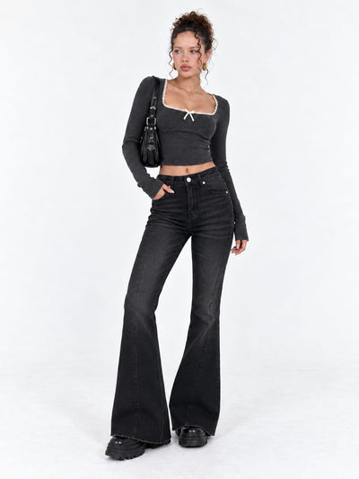 Super Flare High-Waist Washed Black Jeans Super Flare CIZARO - Cizaro Jeans