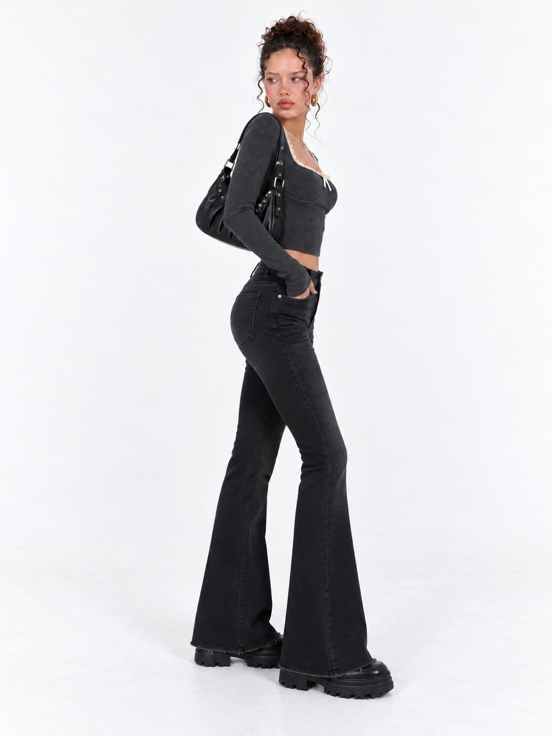 Super Flare High-Waist Washed Black Jeans Super Flare CIZARO - Cizaro Jeans