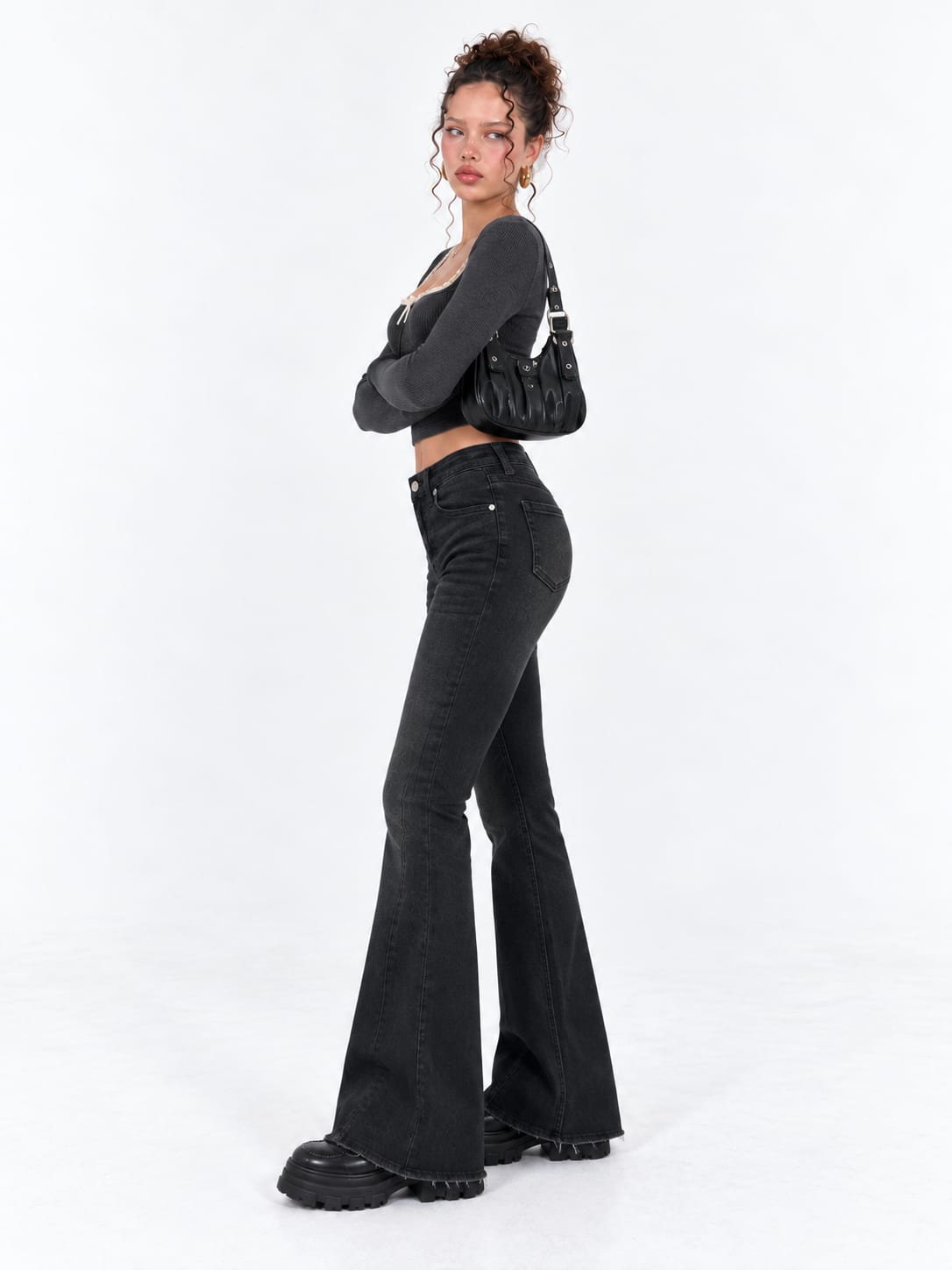 Super Flare High-Waist Washed Black Jeans Super Flare CIZARO - Cizaro Jeans