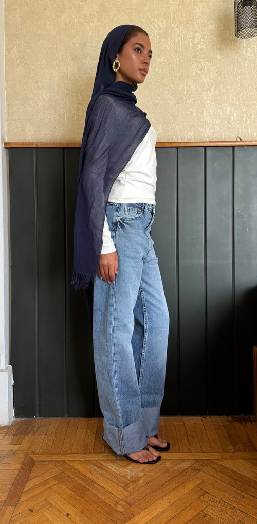 Straight High-Waist Light Vintage Blue Turn-Up Jeans Straight CIZARO - Cizaro Jeans