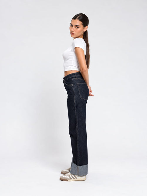 Straight High-Waist Turn-Up – Raw Denim Jeans