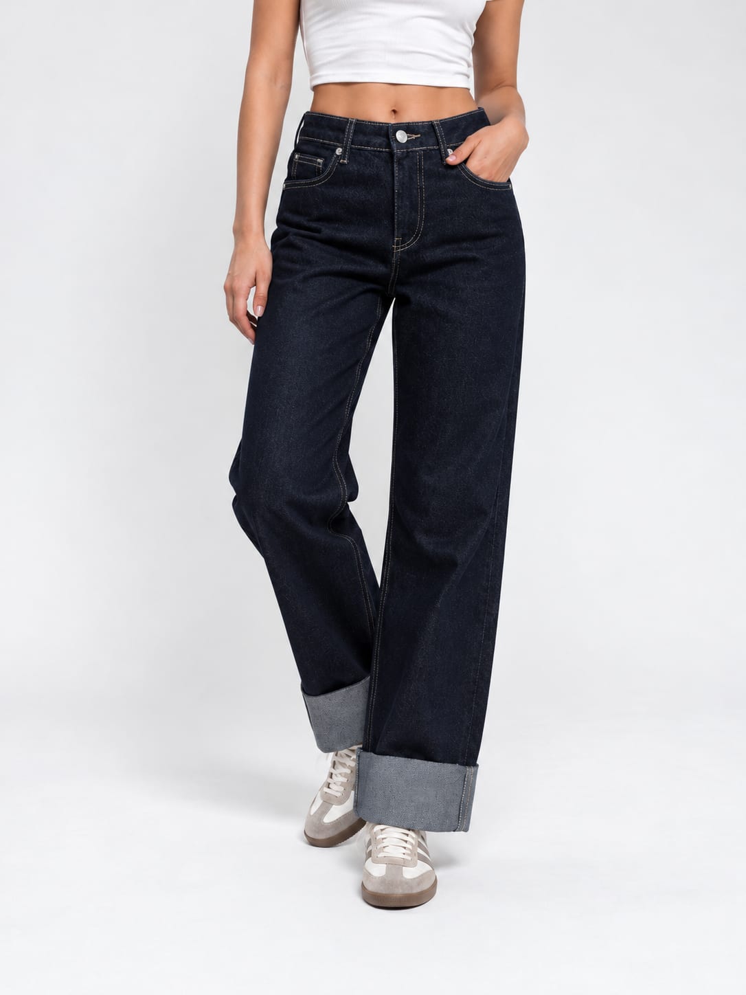 Straight High-Waist Turn-Up – Raw Denim Jeans Straight CIZARO - Cizaro Jeans