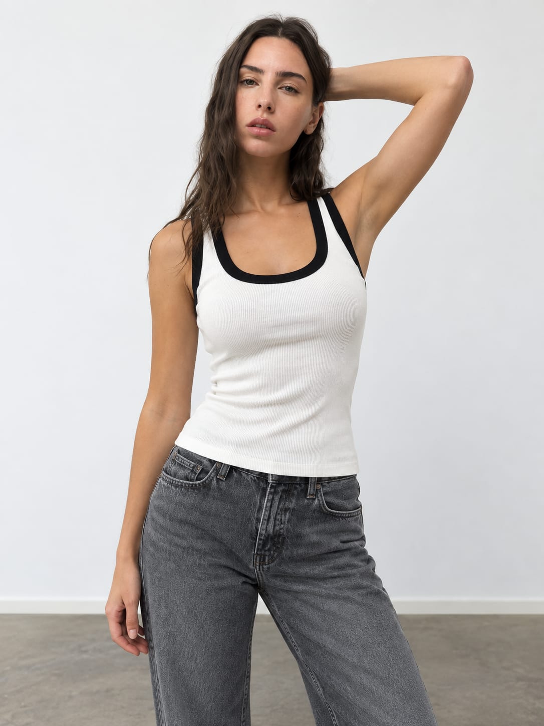 White Contrast Ribbed Tank Top