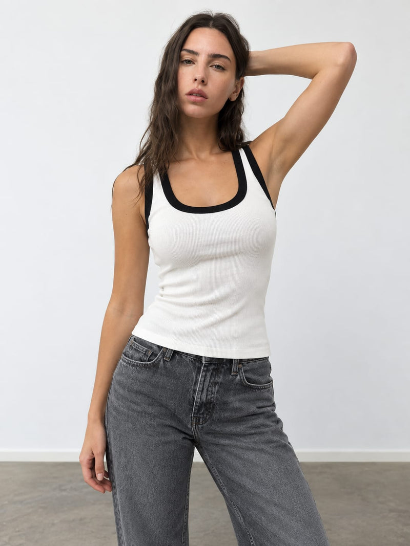 White Contrast Ribbed Tank Top