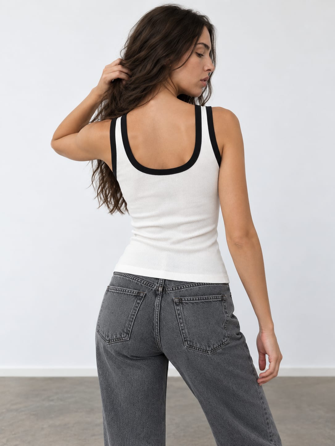 White Contrast Ribbed Tank Top
