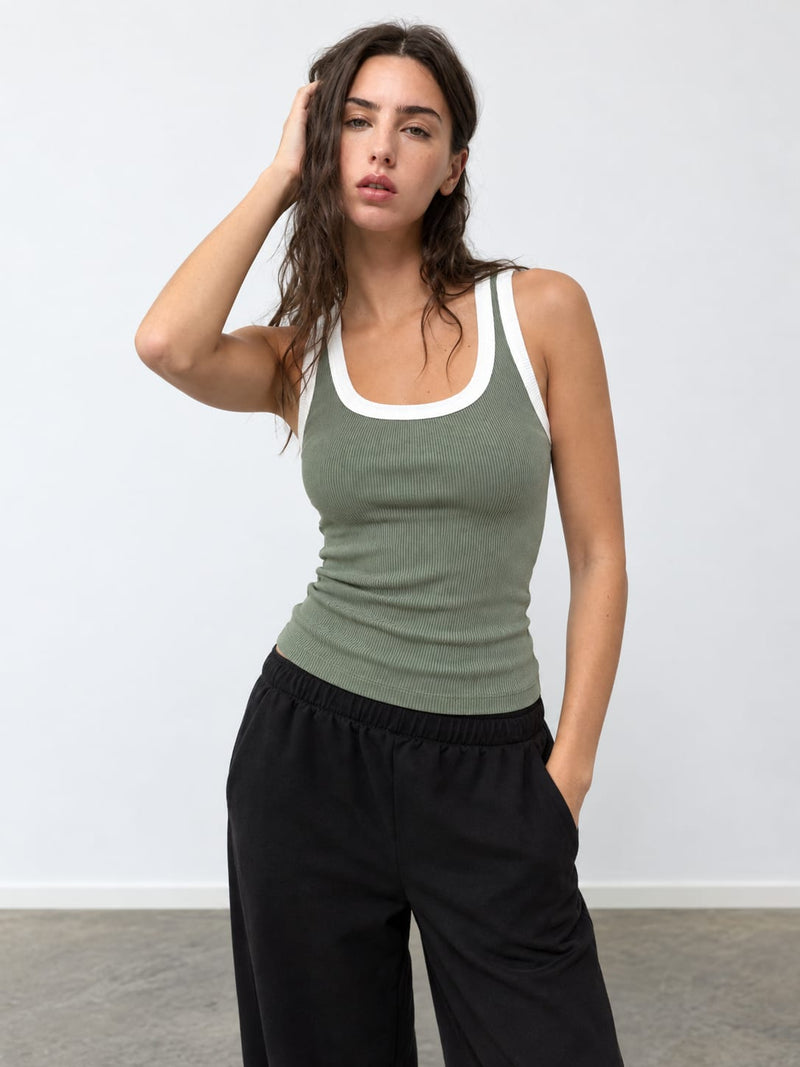Olive Contrast Ribbed Tank Top Tank top CIZARO - Cizaro Jeans