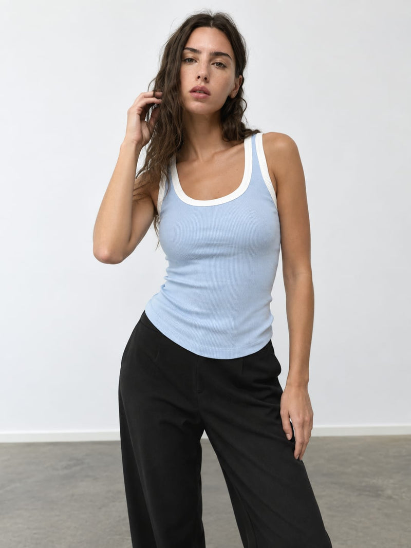 Pastel Blue Contrast Ribbed Tank Top Tank top CIZARO - Cizaro Jeans