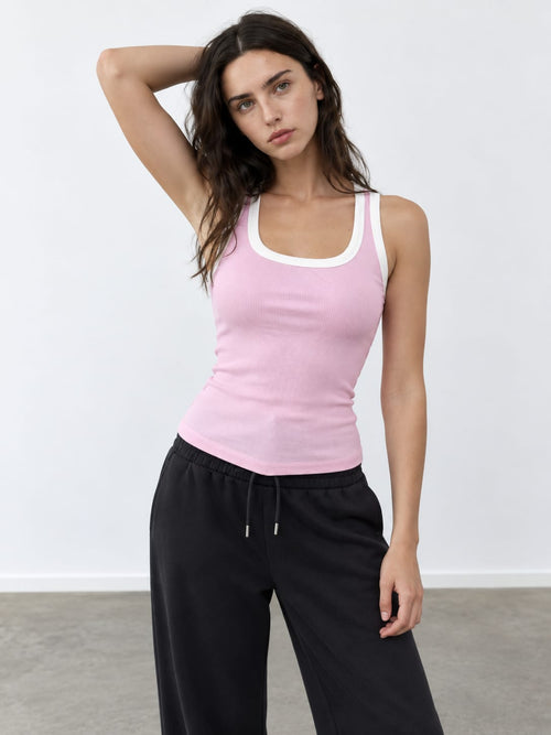Pink Contrast Ribbed Tank Top Tank top CIZARO - Cizaro Jeans
