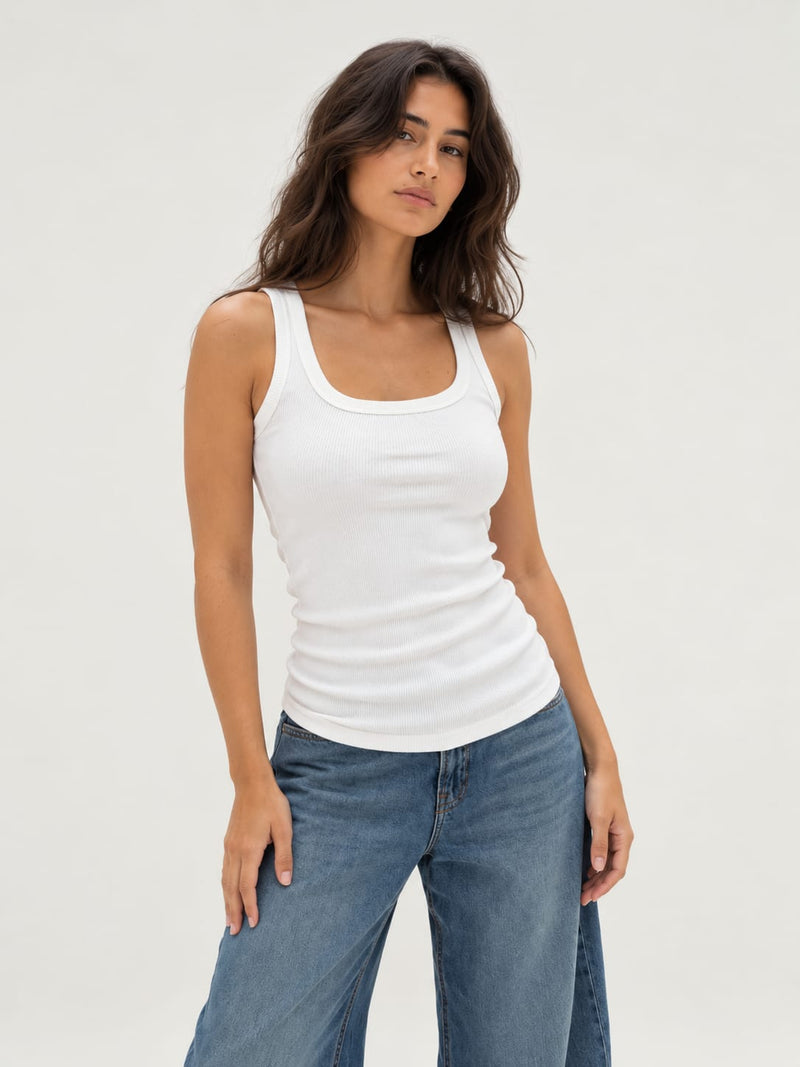 White Ribbed U-Neck Tank Top Tank Top CIZARO - Cizaro Jeans