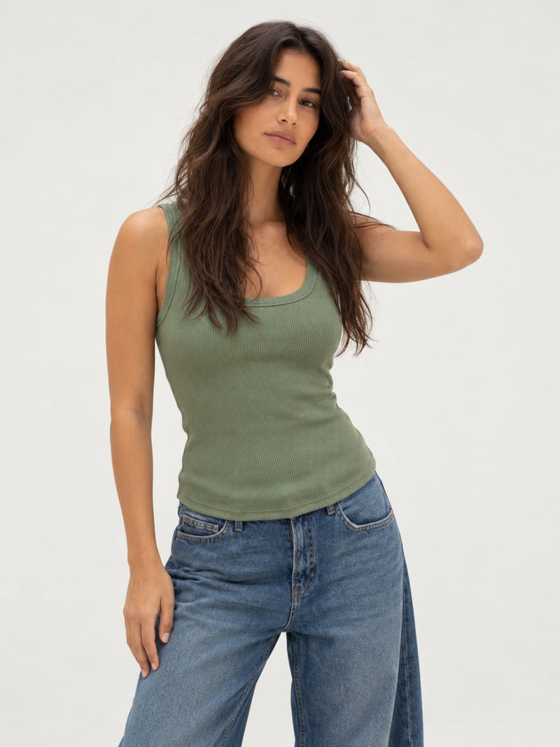 Olive Ribbed U-Neck Tank Top Basic Top CIZARO - Cizaro Jeans