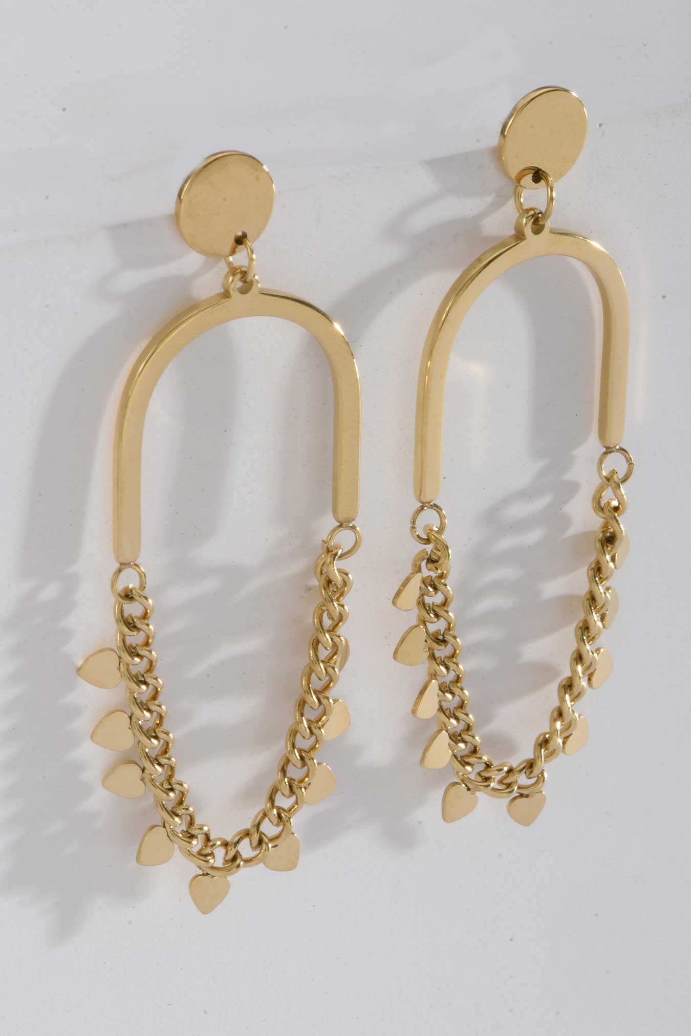 Stainless Steel Earrings | Heart Charm Chain Drop Gold Hoops EARRINGS Accessories - Cizaro Jeans
