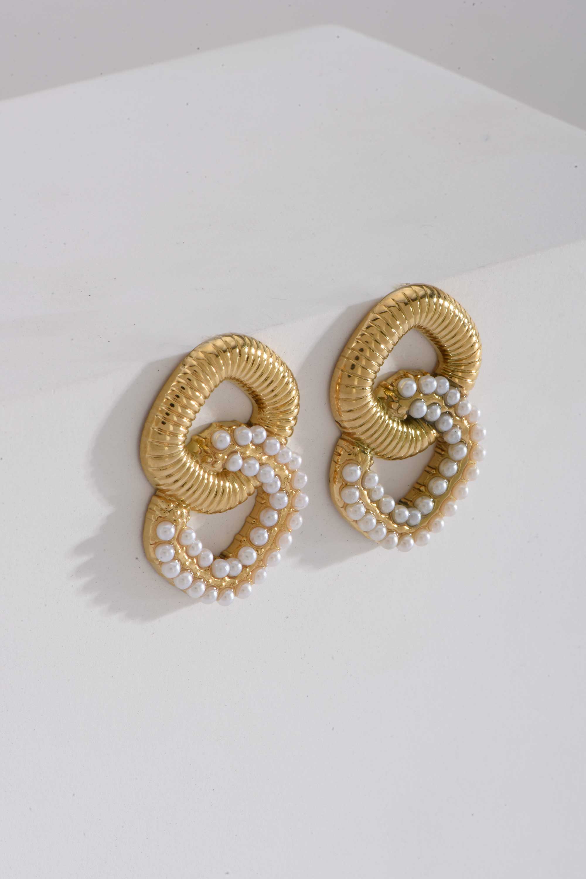 Stainless Steel Earrings | Linked Gold & Pearl Statement Studs EARRINGS Accessories - Cizaro Jeans