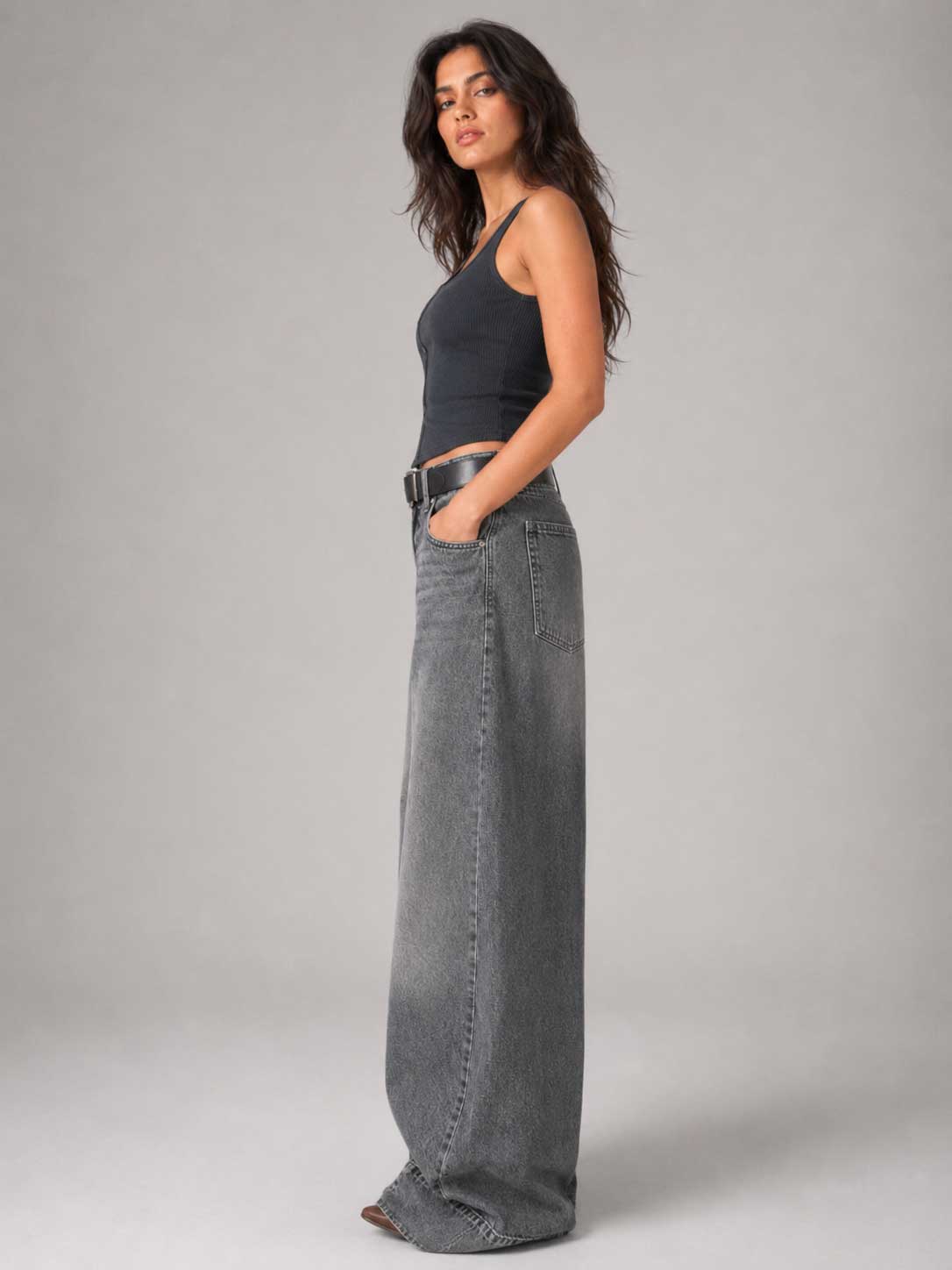 Extreme Wide Leg High Waist Washed Gray Jeans Wide-leg CIZARO - Cizaro Jeans