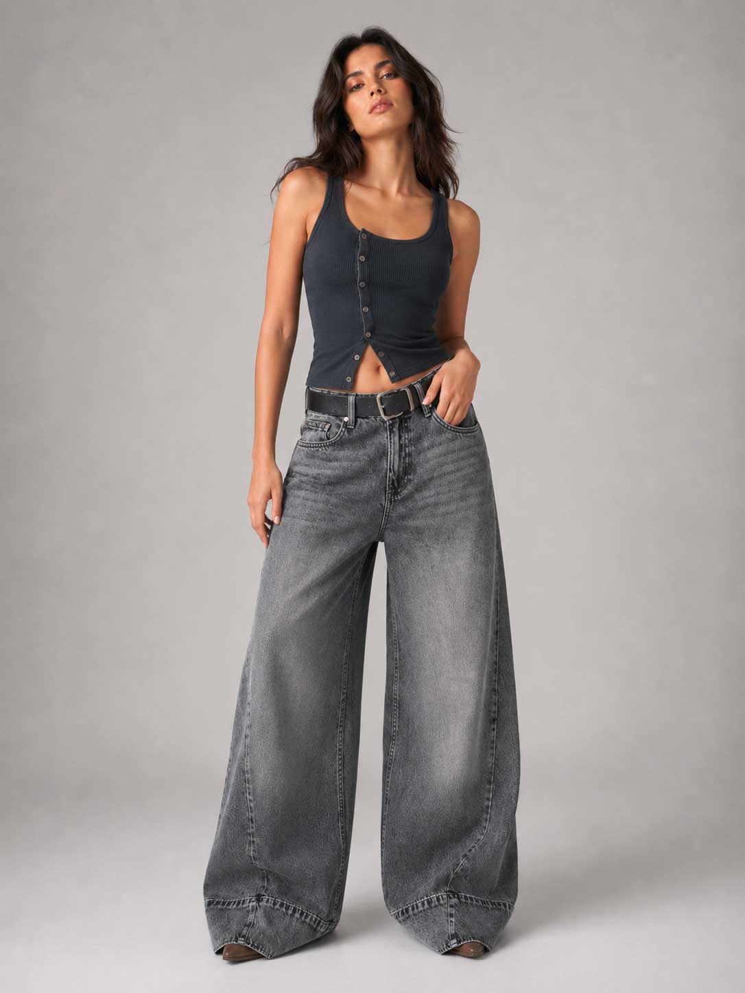 Extreme Wide Leg High Waist Washed Gray Jeans Wide-leg CIZARO - Cizaro Jeans