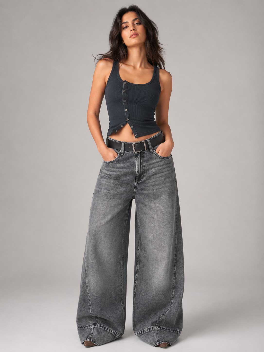 Extreme Wide Leg High Waist Washed Gray Jeans Wide-leg CIZARO - Cizaro Jeans