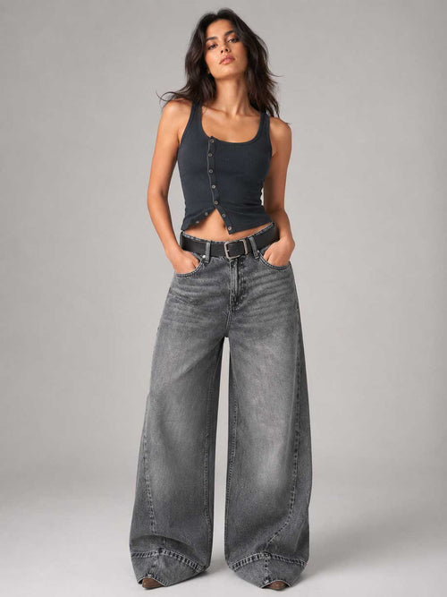 Extreme Wide Leg High Waist Washed Gray Jeans Wide-leg CIZARO - Cizaro Jeans