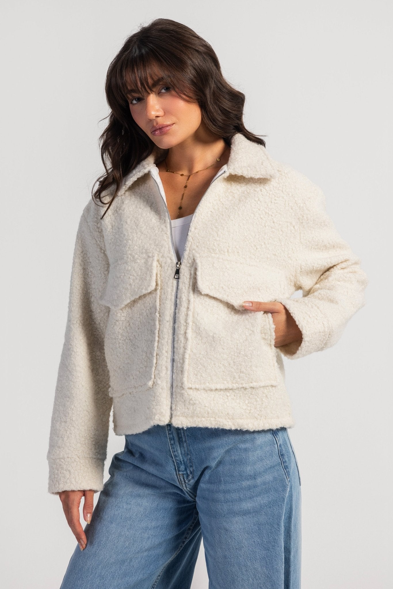 Fax Fur Jacket – Off-White Jacket CIZARO - Cizaro Jeans