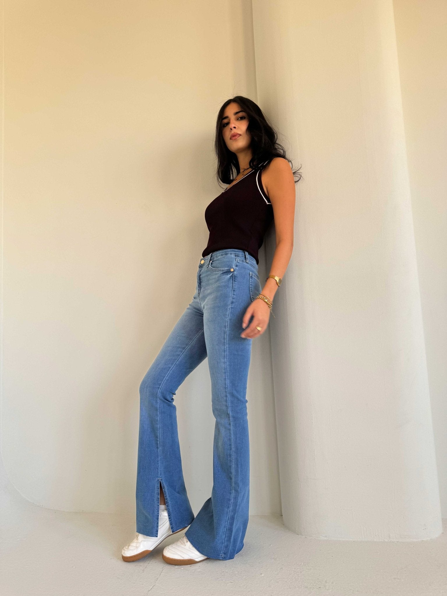 Flare – Mid Rise Raw Hem Split Hem mid blue Jeans Flare CIZARO - Cizaro Jeans