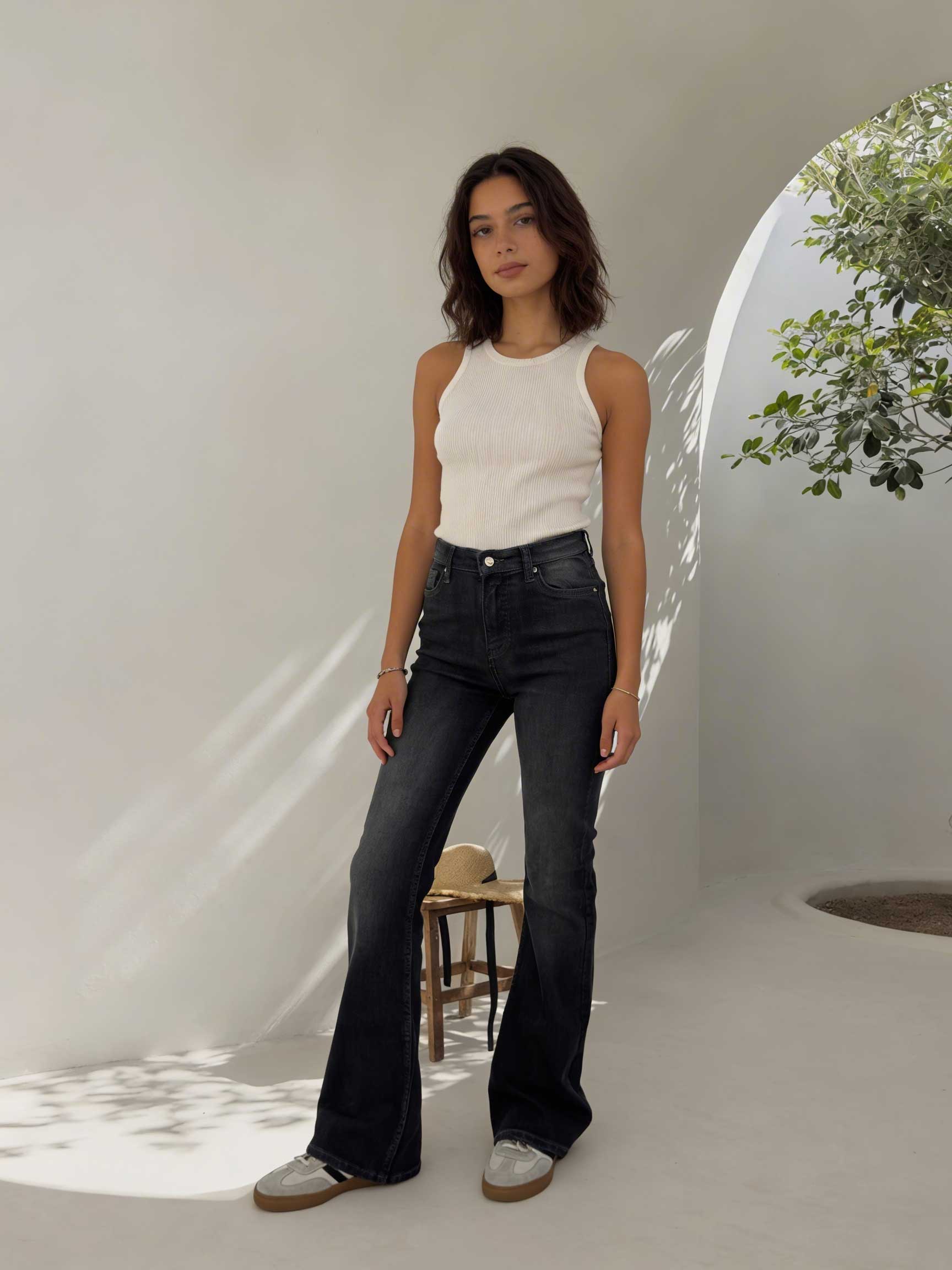 Flare – High-Waist Washed Charcoal Jeans Flare CIZARO - Cizaro Jeans