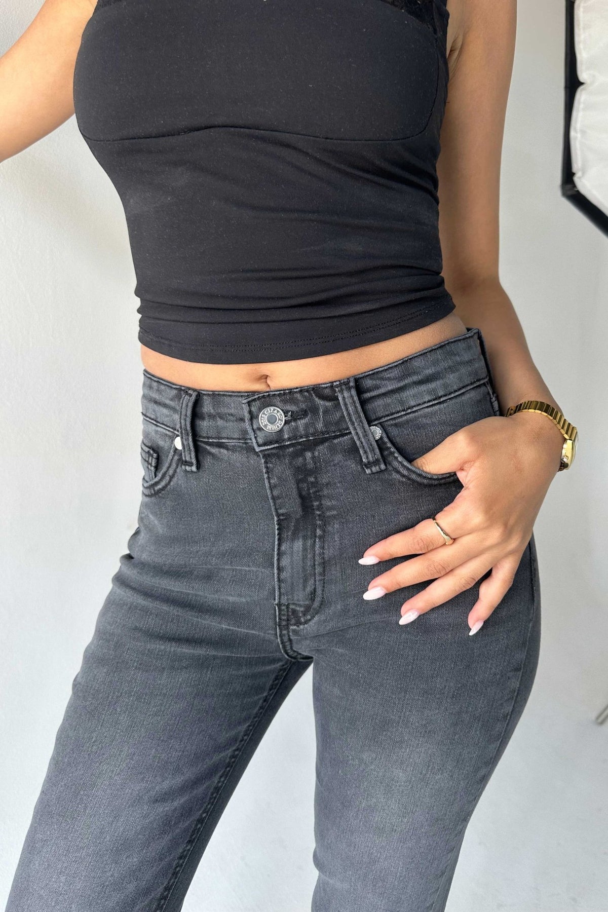 Flare - High-Waist Charcoal Black Jeans Flare CIZARO - Cizaro Jeans