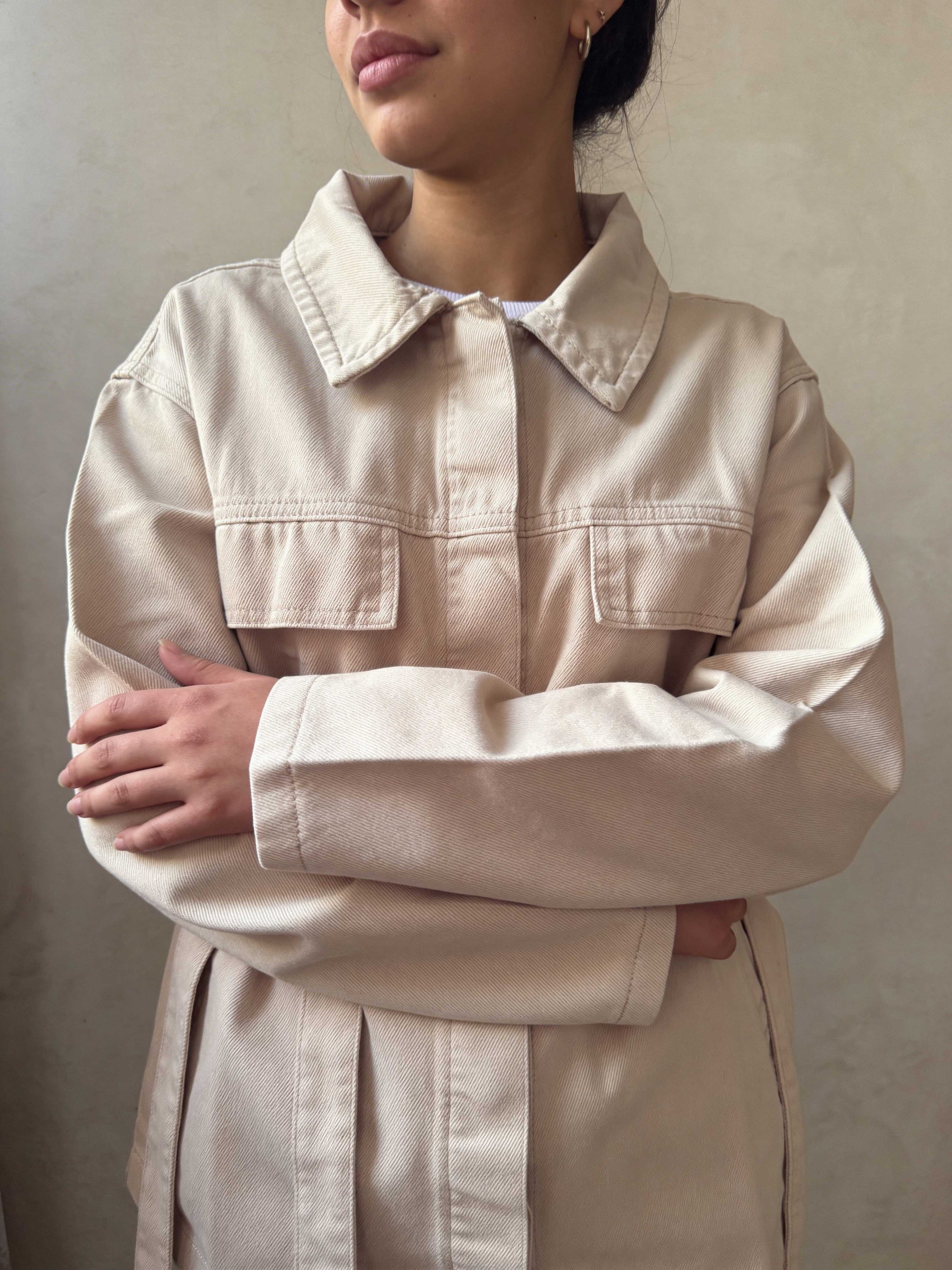 Jacket – Belted Oversized Beige Denim Jacket Jacket CIZARO - Cizaro Jeans