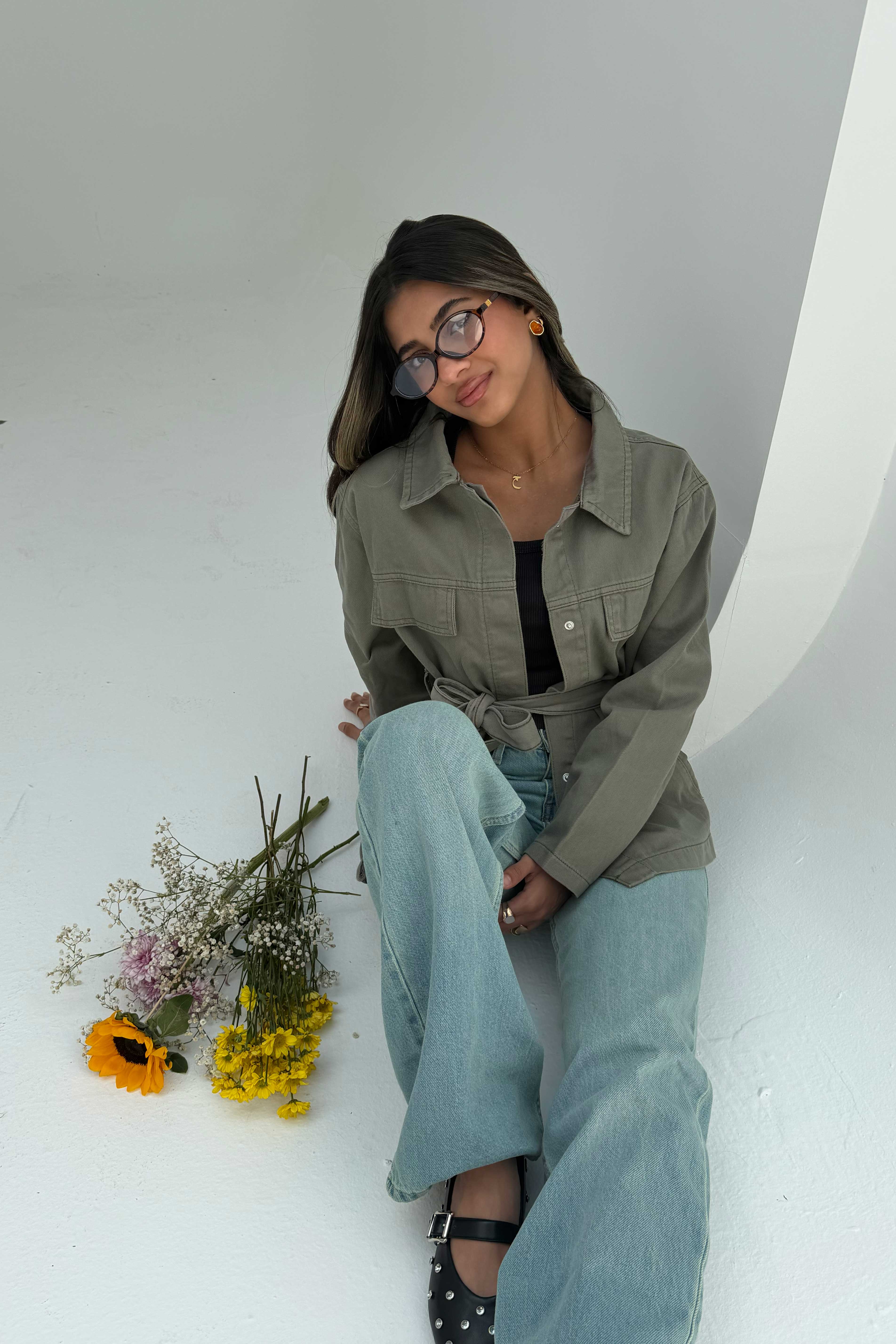 Jacket - Belted Button-Up Oversized Sage Green Denim jacket CIZARO - Cizaro Jeans