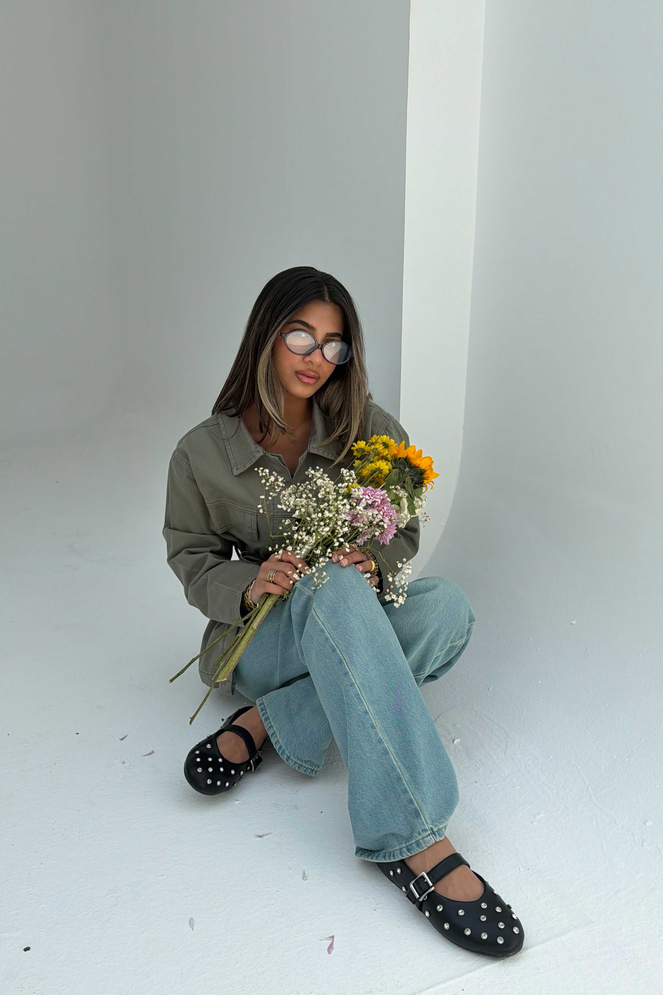 Jacket - Belted Button-Up Oversized Sage Green Denim jacket CIZARO - Cizaro Jeans