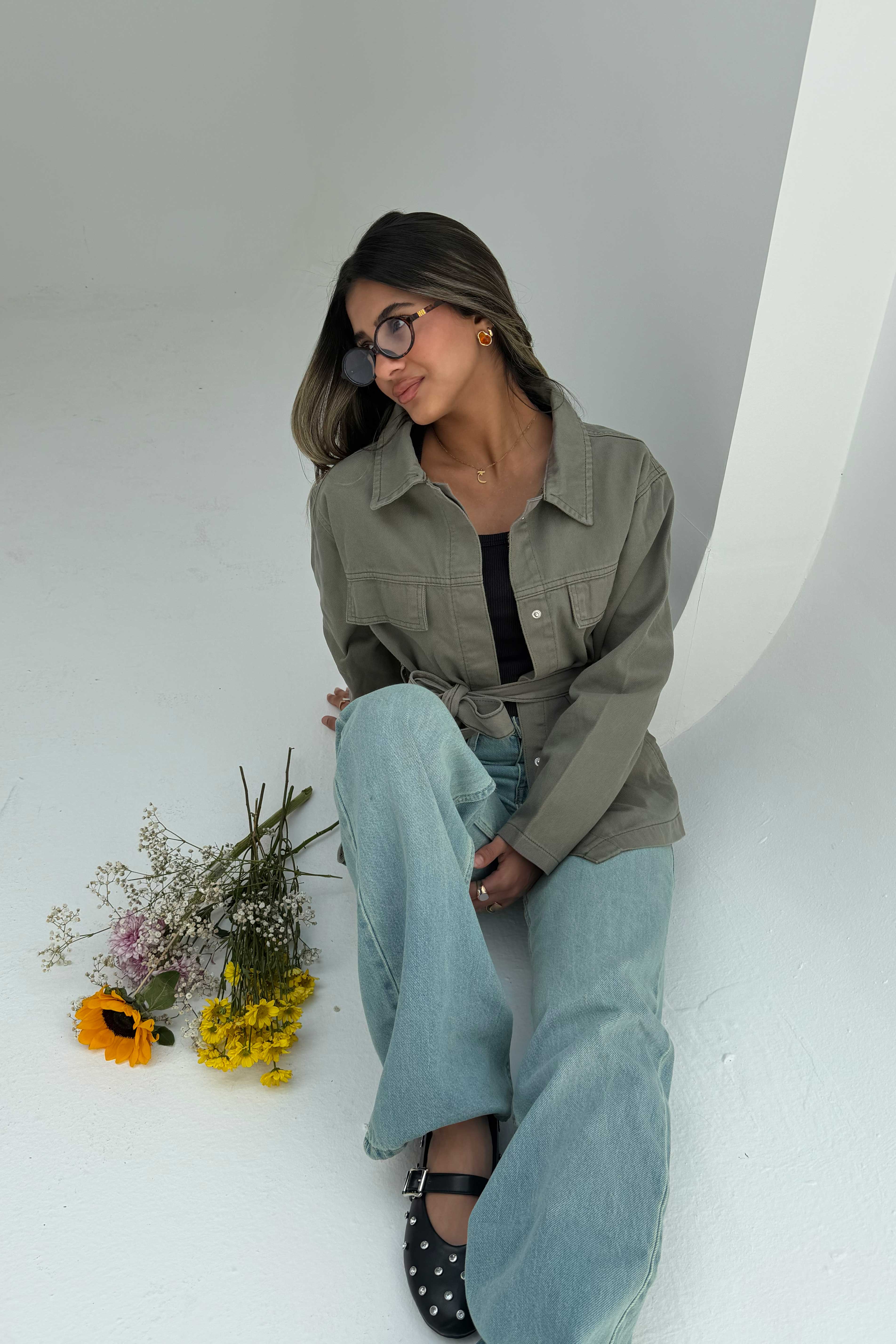 Jacket - Belted Button-Up Oversized Sage Green Denim jacket CIZARO - Cizaro Jeans