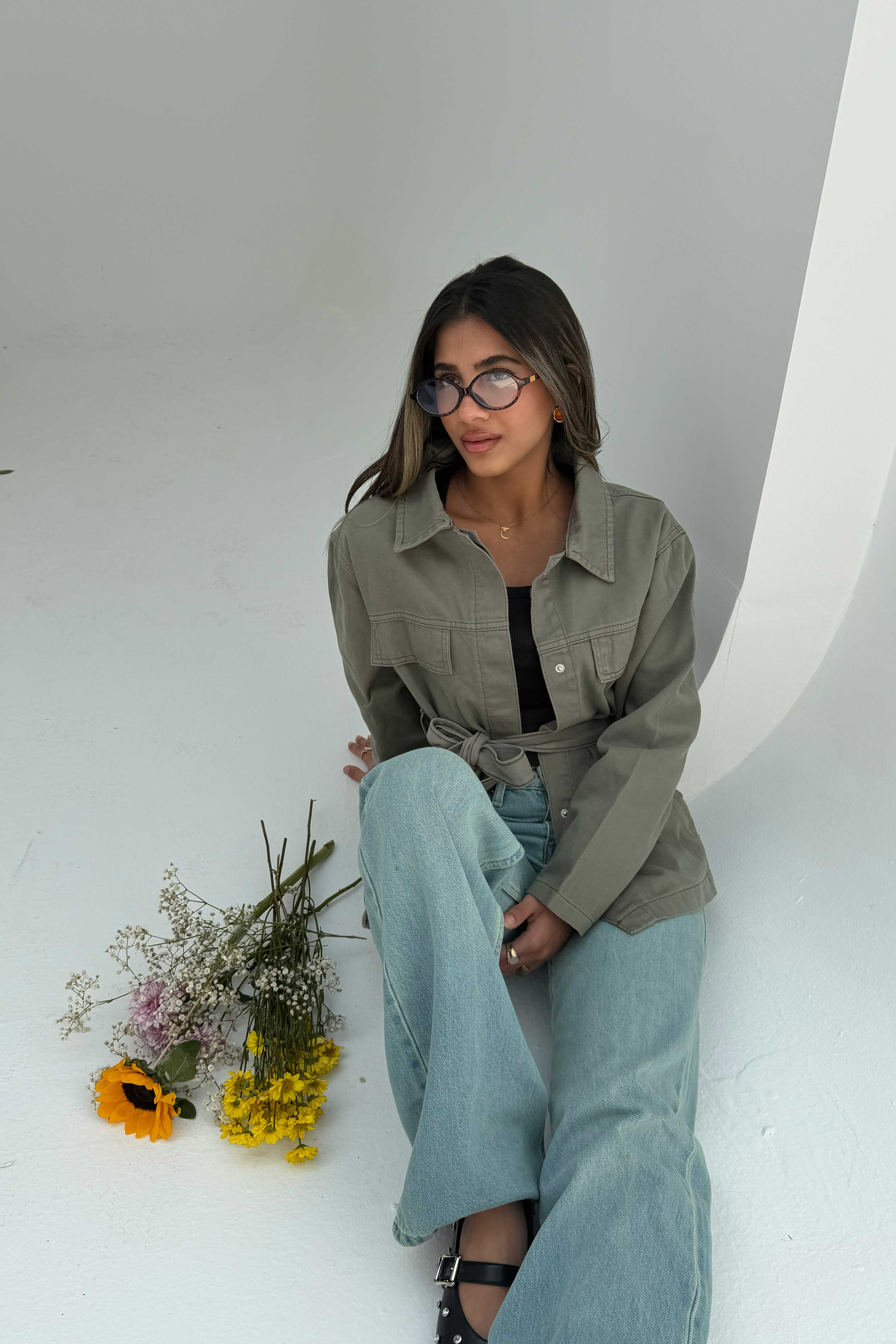 Jacket - Belted Button-Up Oversized Sage Green Denim jacket CIZARO - Cizaro Jeans