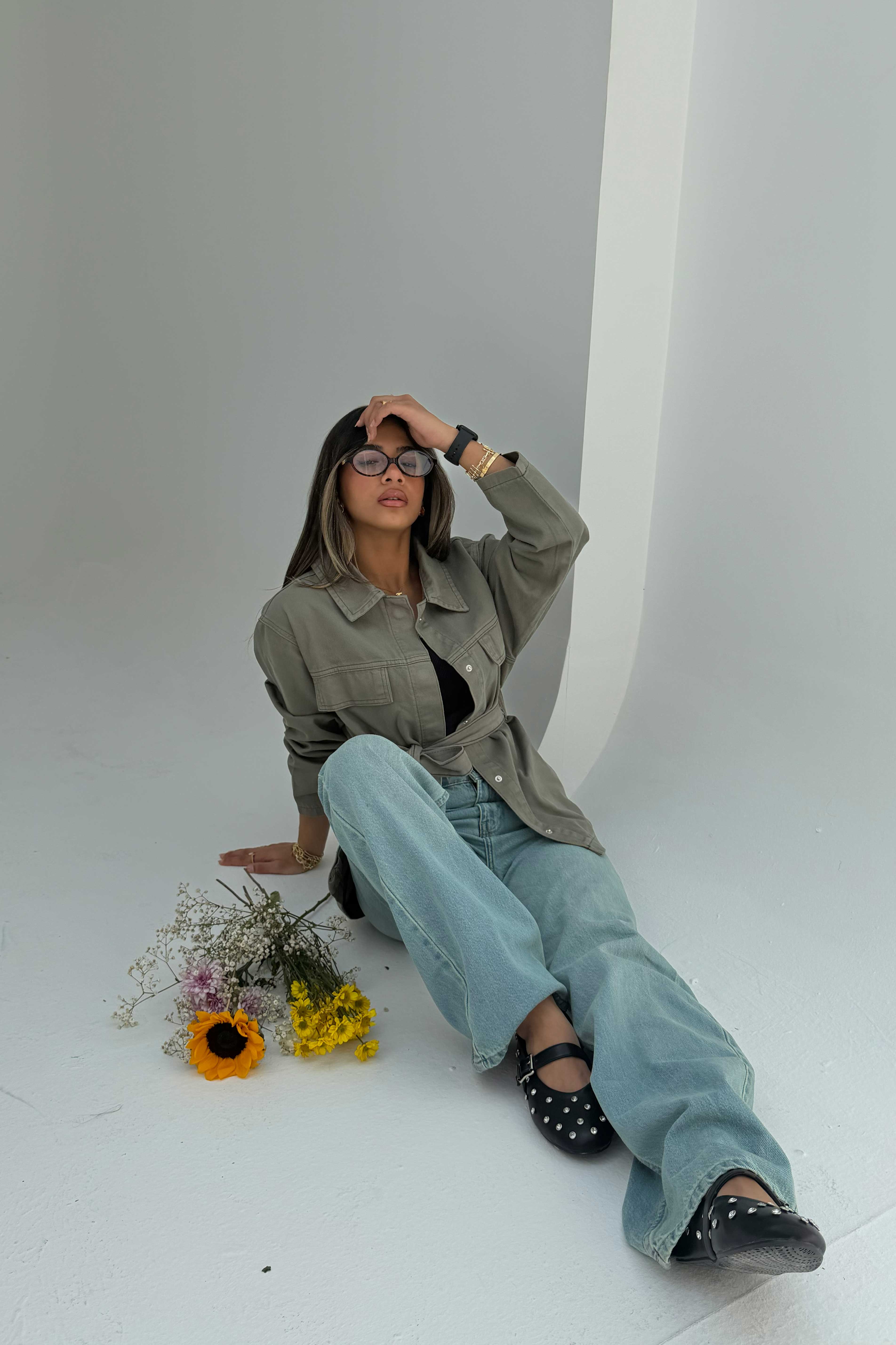 Jacket - Belted Button-Up Oversized Sage Green Denim jacket CIZARO - Cizaro Jeans