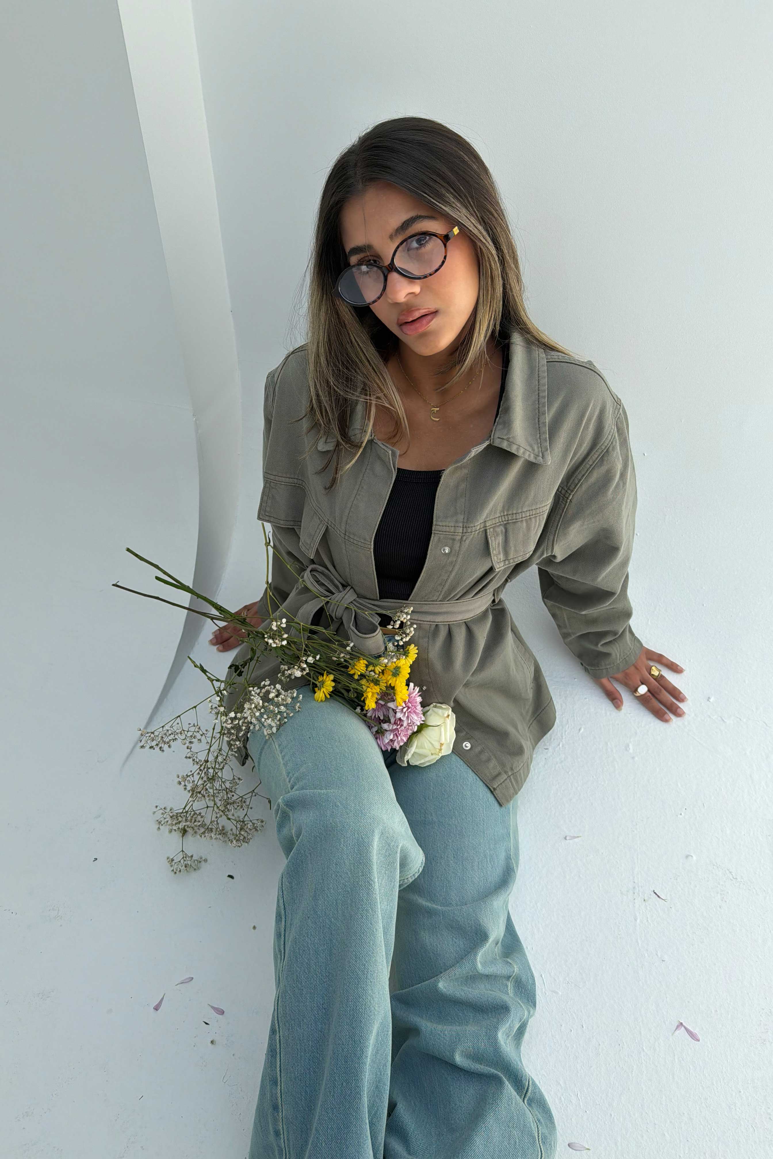 Jacket - Belted Button-Up Oversized Sage Green Denim jacket CIZARO - Cizaro Jeans