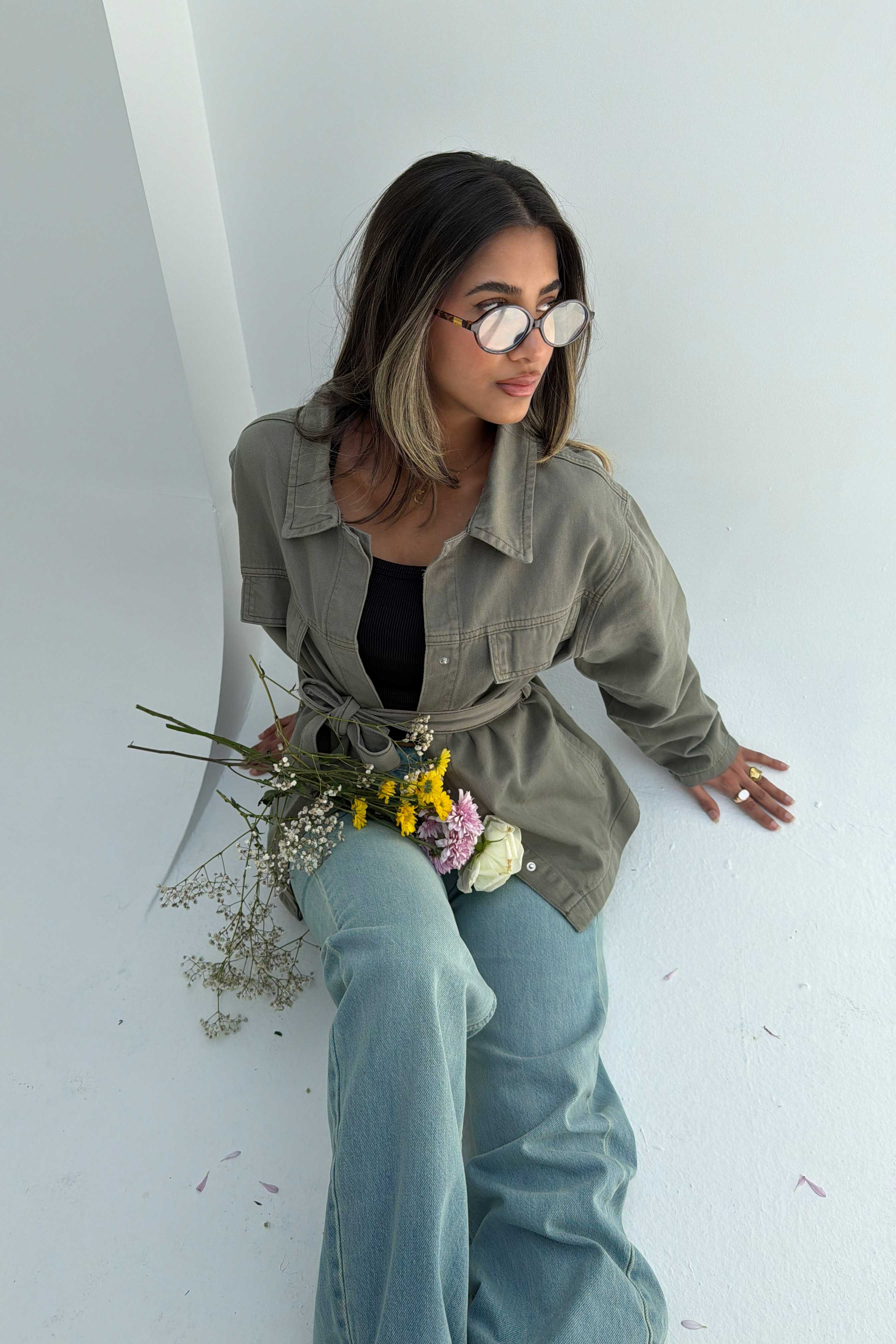Jacket - Belted Button-Up Oversized Sage Green Denim jacket CIZARO - Cizaro Jeans