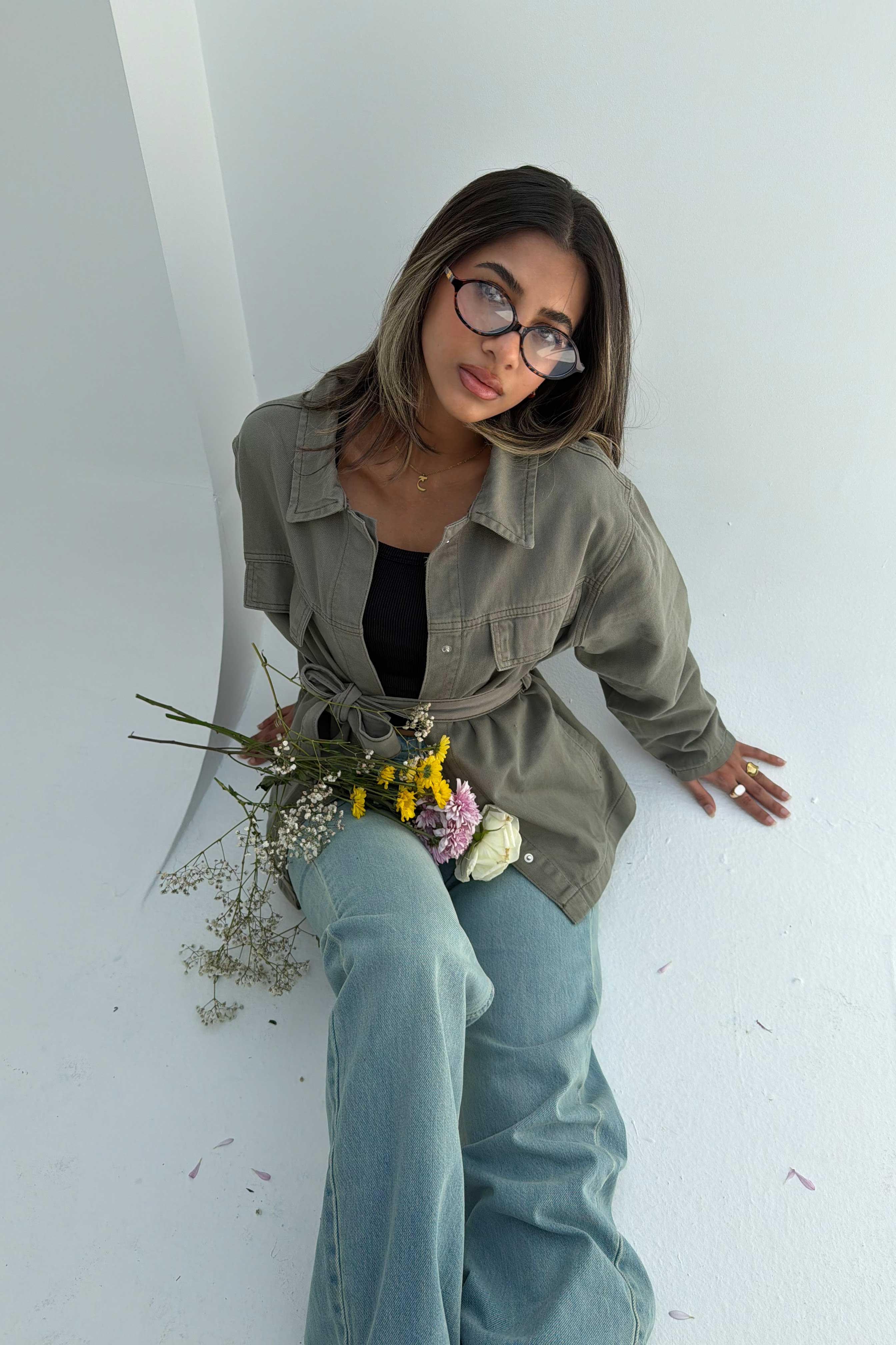 Jacket - Belted Button-Up Oversized Sage Green Denim jacket CIZARO - Cizaro Jeans