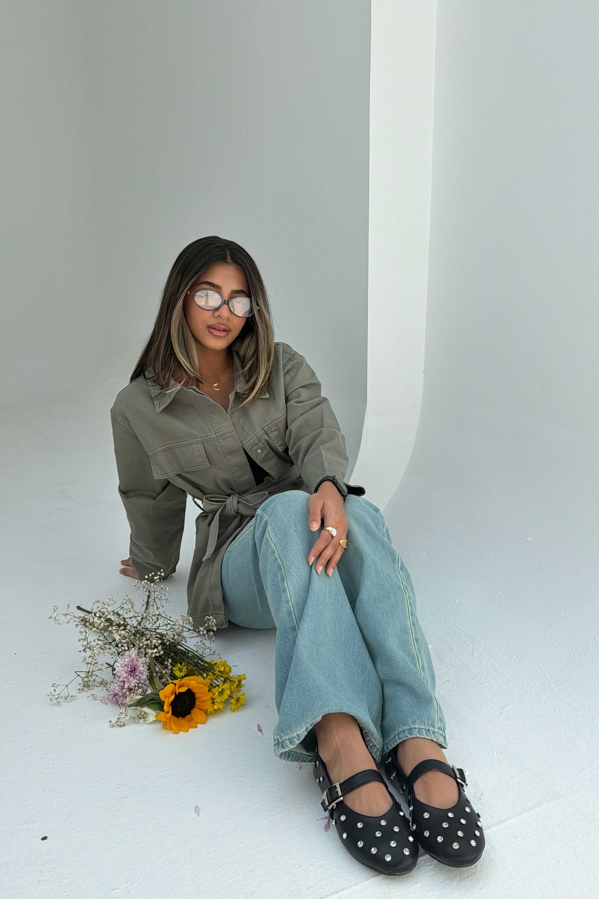 Jacket - Belted Button-Up Oversized Sage Green Denim jacket CIZARO - Cizaro Jeans