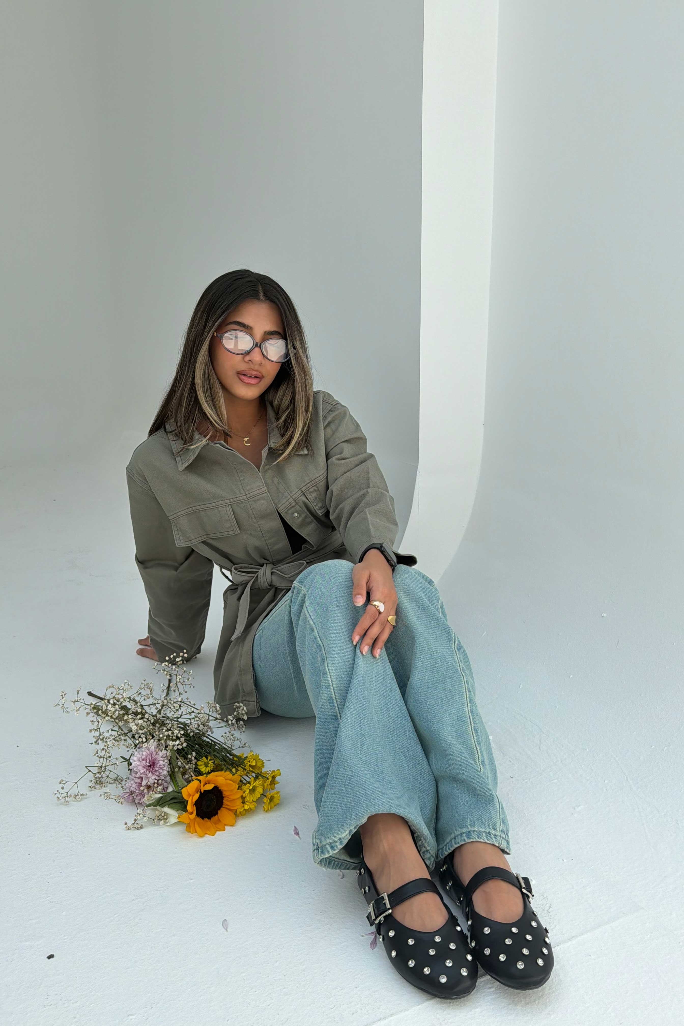 Jacket - Belted Button-Up Oversized Sage Green Denim jacket CIZARO - Cizaro Jeans