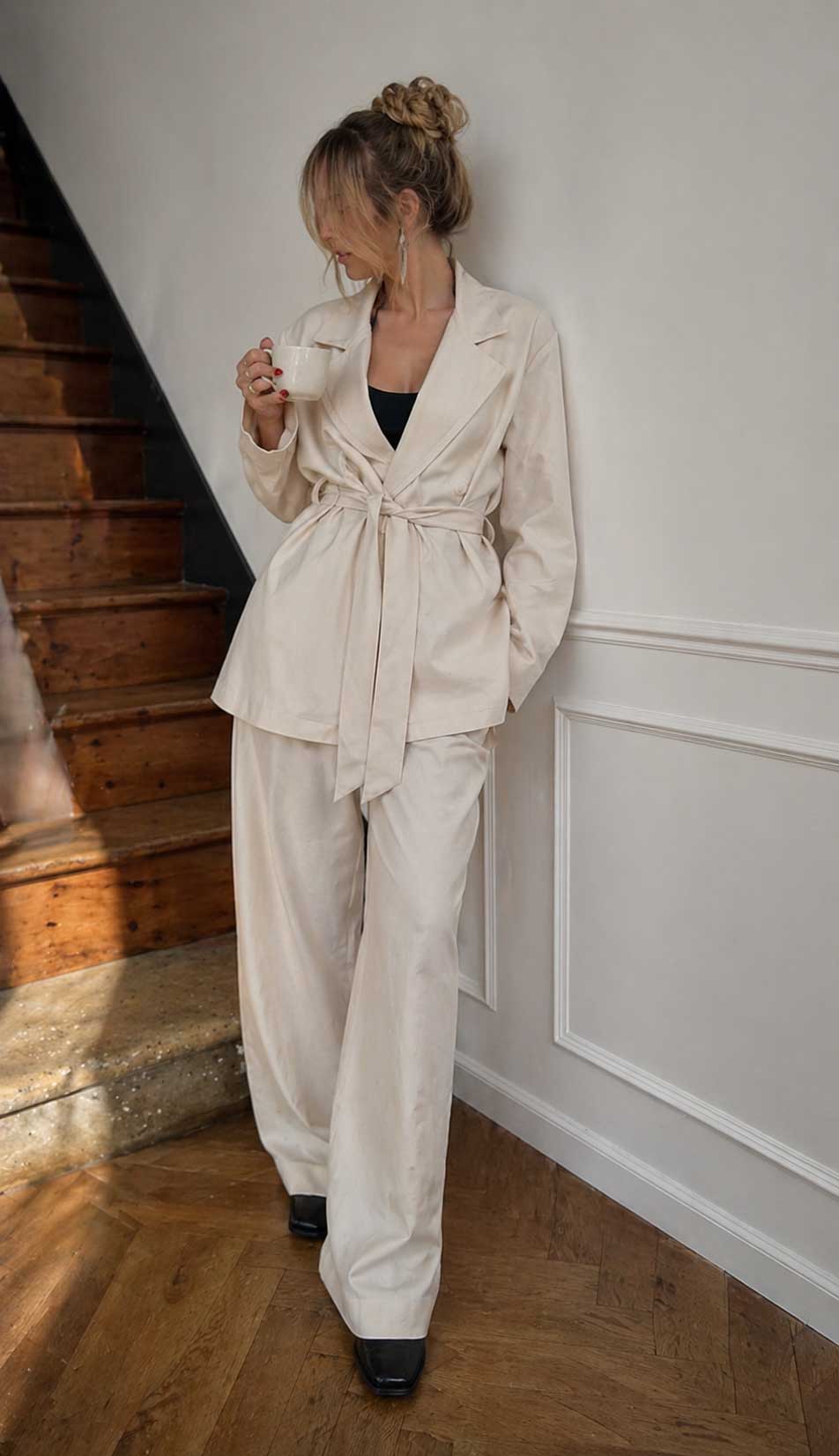 Oversized Belted Cardigan Ecru linen effect