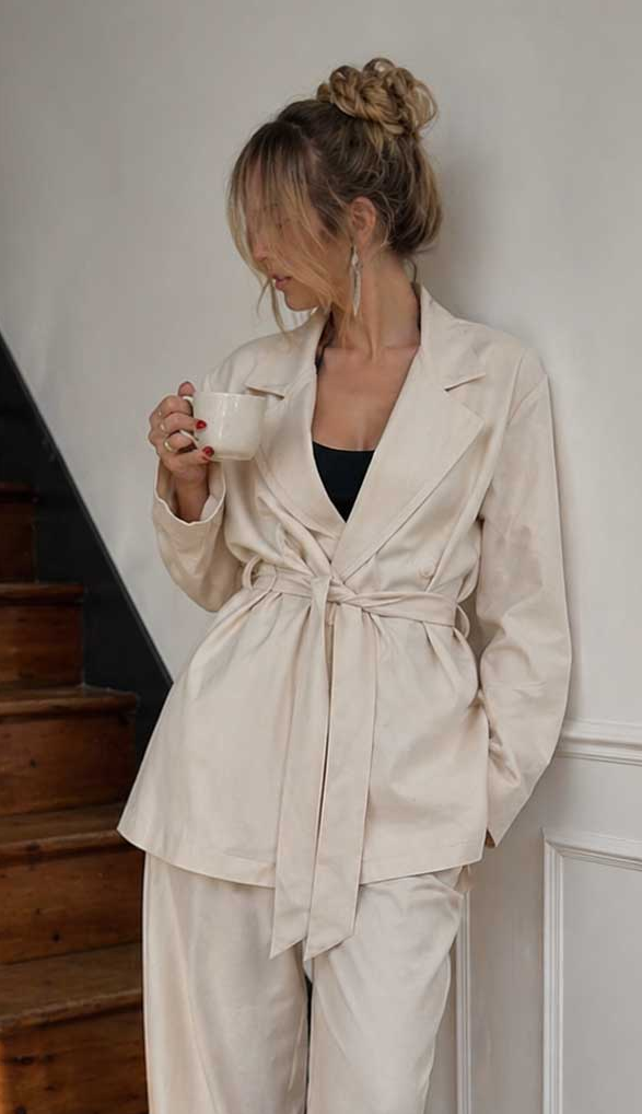 Oversized Belted Cardigan Ecru linen effect Shirt - Summer collection - linen sets CIZARO - Cizaro Jeans