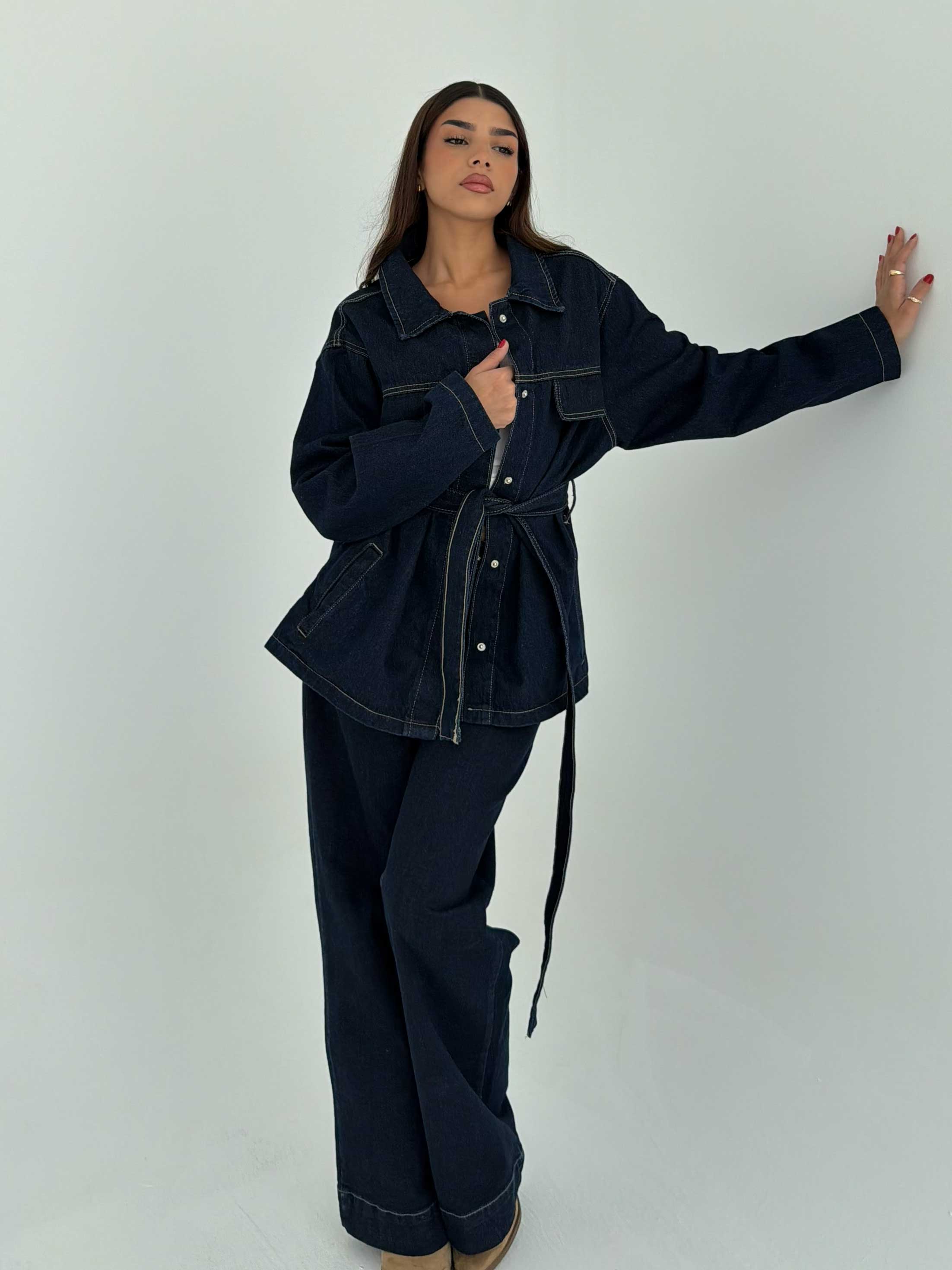 Jacket - Belted Button-Up Oversized Raw Denim Jacket CIZARO - Cizaro Jeans