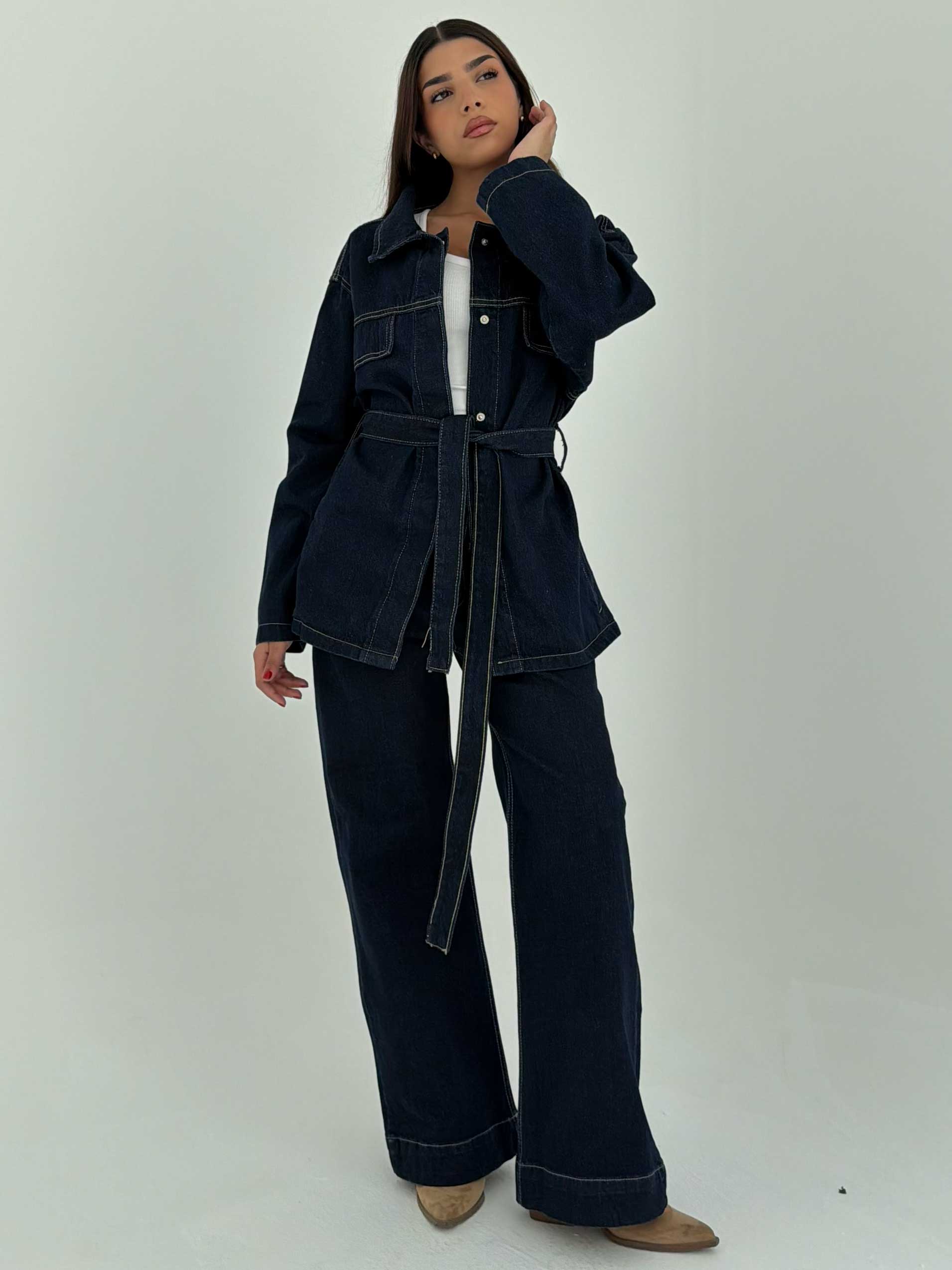 Jacket - Belted Button-Up Oversized Raw Denim Jacket CIZARO - Cizaro Jeans