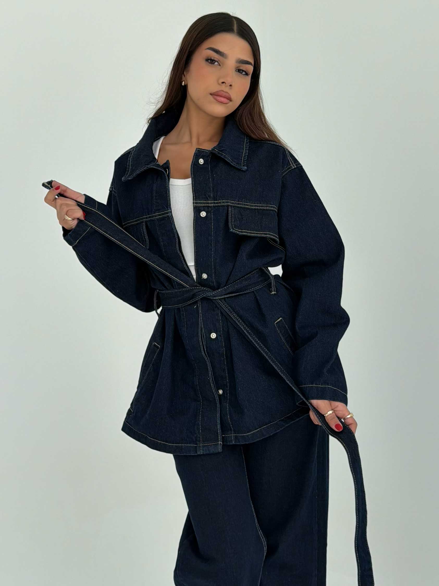 Jacket - Belted Button-Up Oversized Raw Denim Jacket CIZARO - Cizaro Jeans