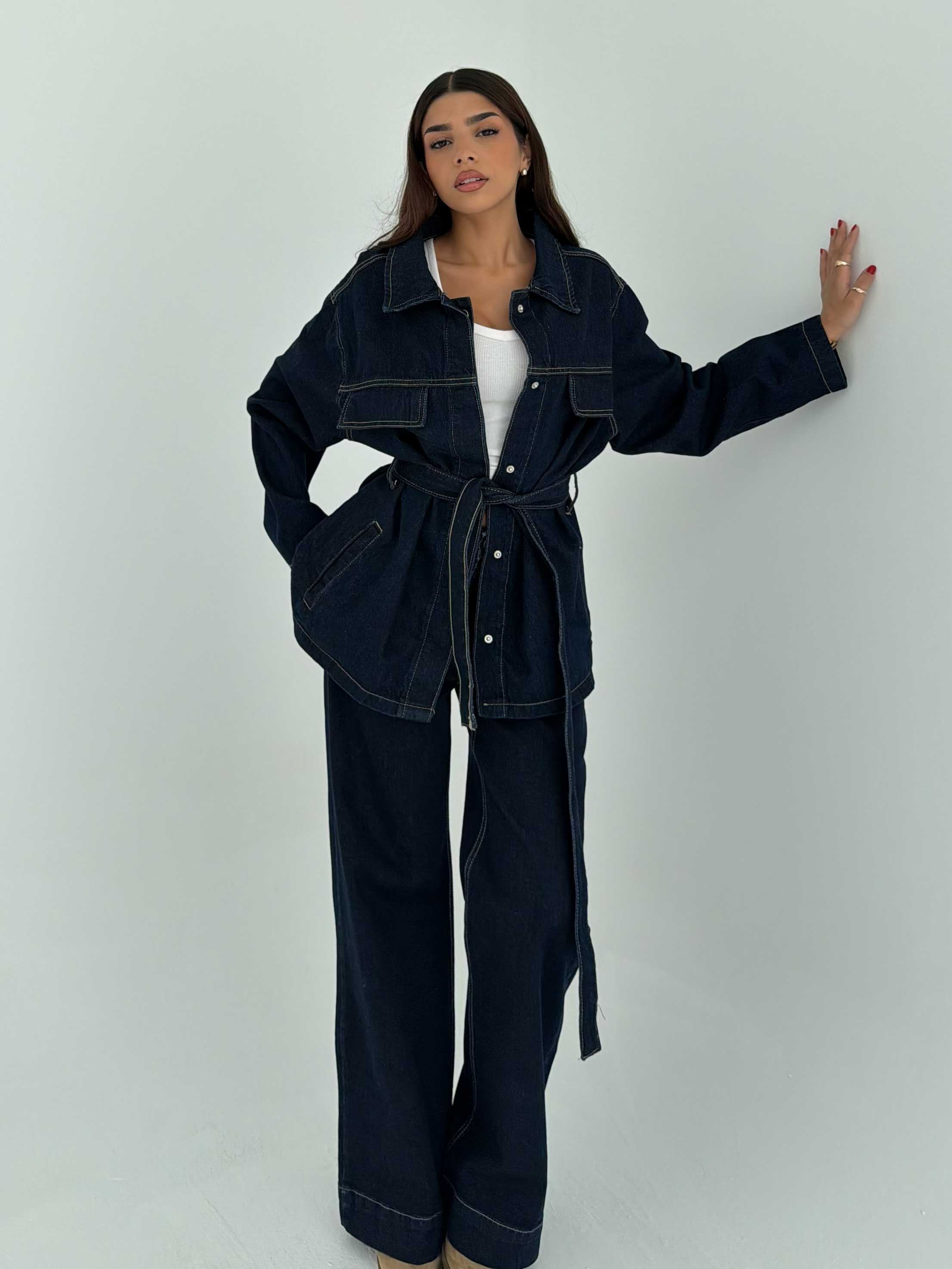 Jacket - Belted Button-Up Oversized Raw Denim Jacket CIZARO - Cizaro Jeans