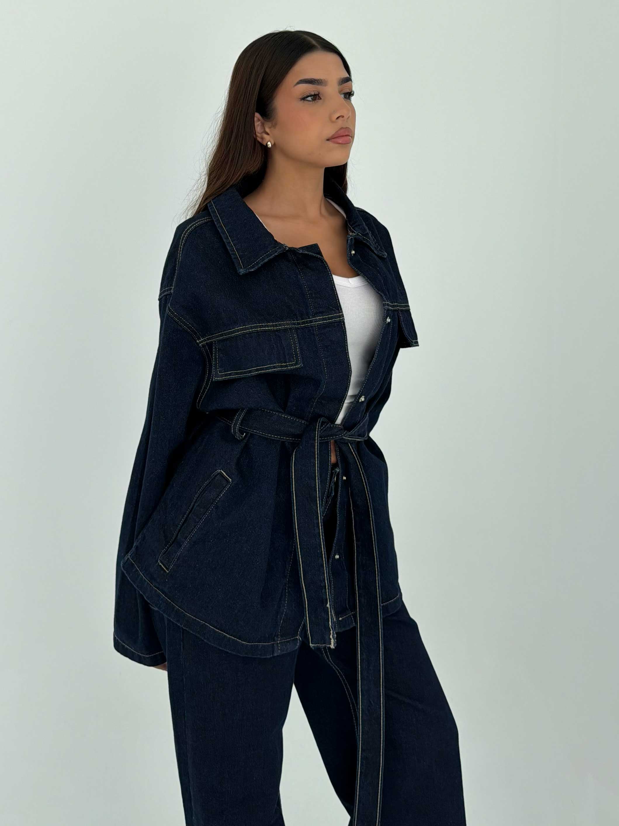 Jacket - Belted Button-Up Oversized Raw Denim Jacket CIZARO - Cizaro Jeans