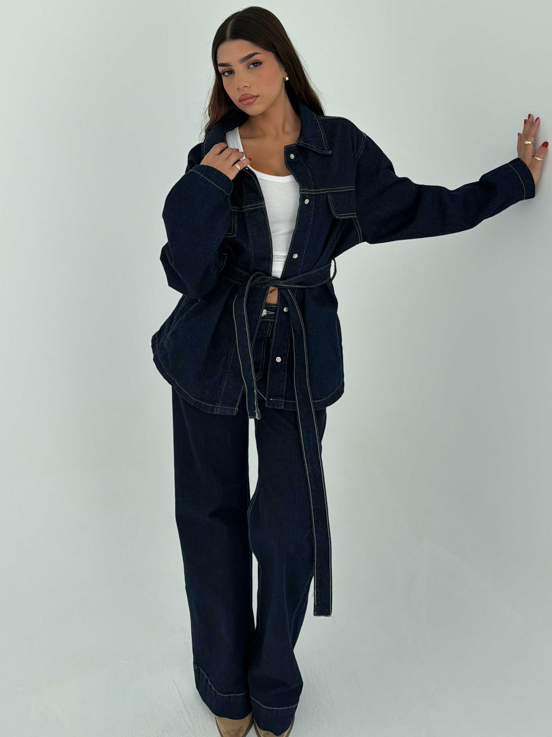 Jacket - Belted Button-Up Oversized Raw Denim Jacket CIZARO - Cizaro Jeans