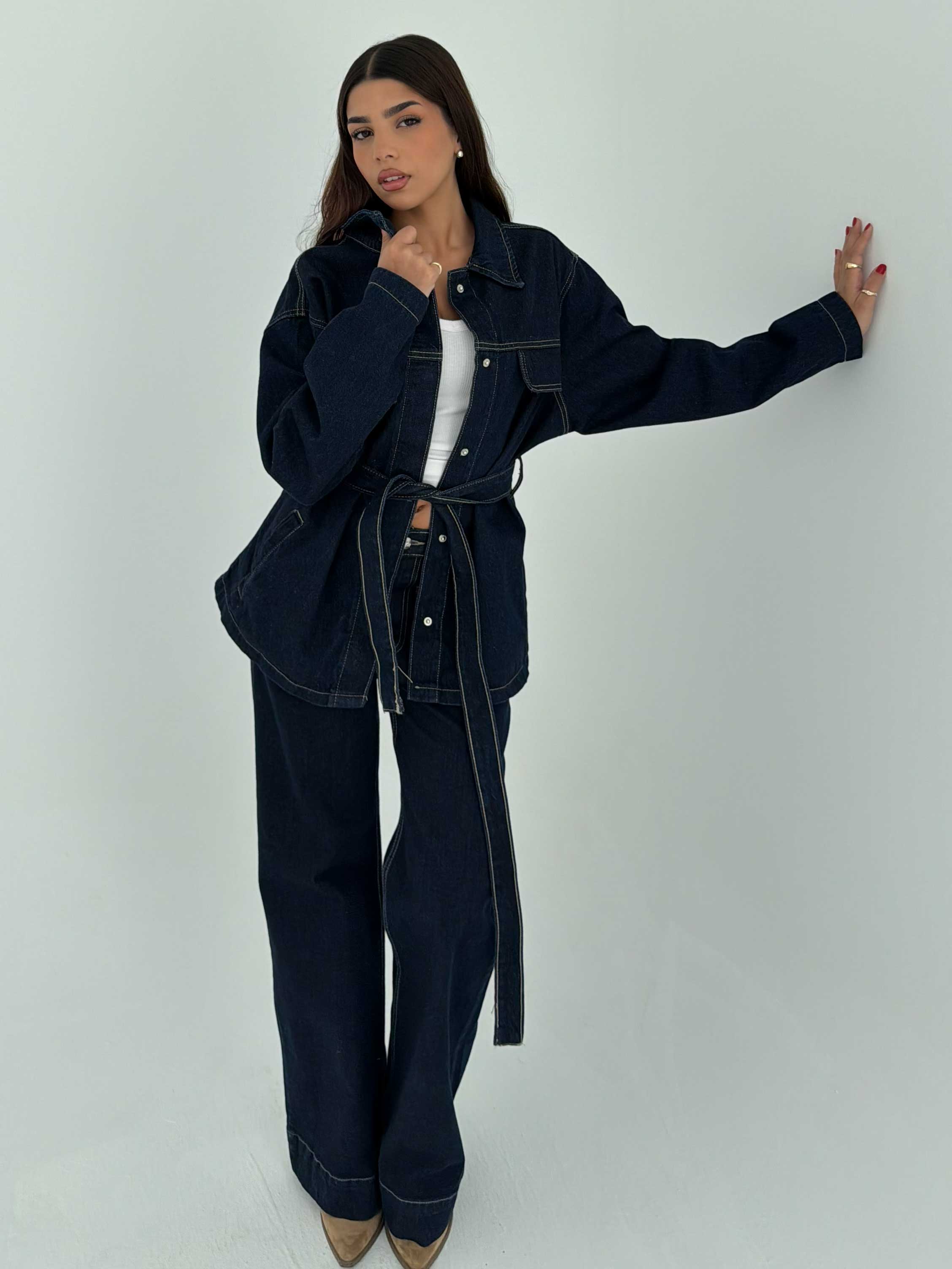 Jacket - Belted Button-Up Oversized Raw Denim Jacket CIZARO - Cizaro Jeans