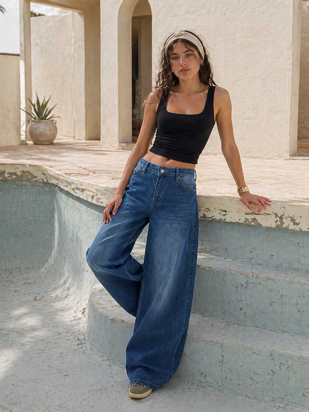 Loose Baggy – Mid-Waist Mid Wash Blue Jeans Baggy CIZARO - Cizaro Jeans