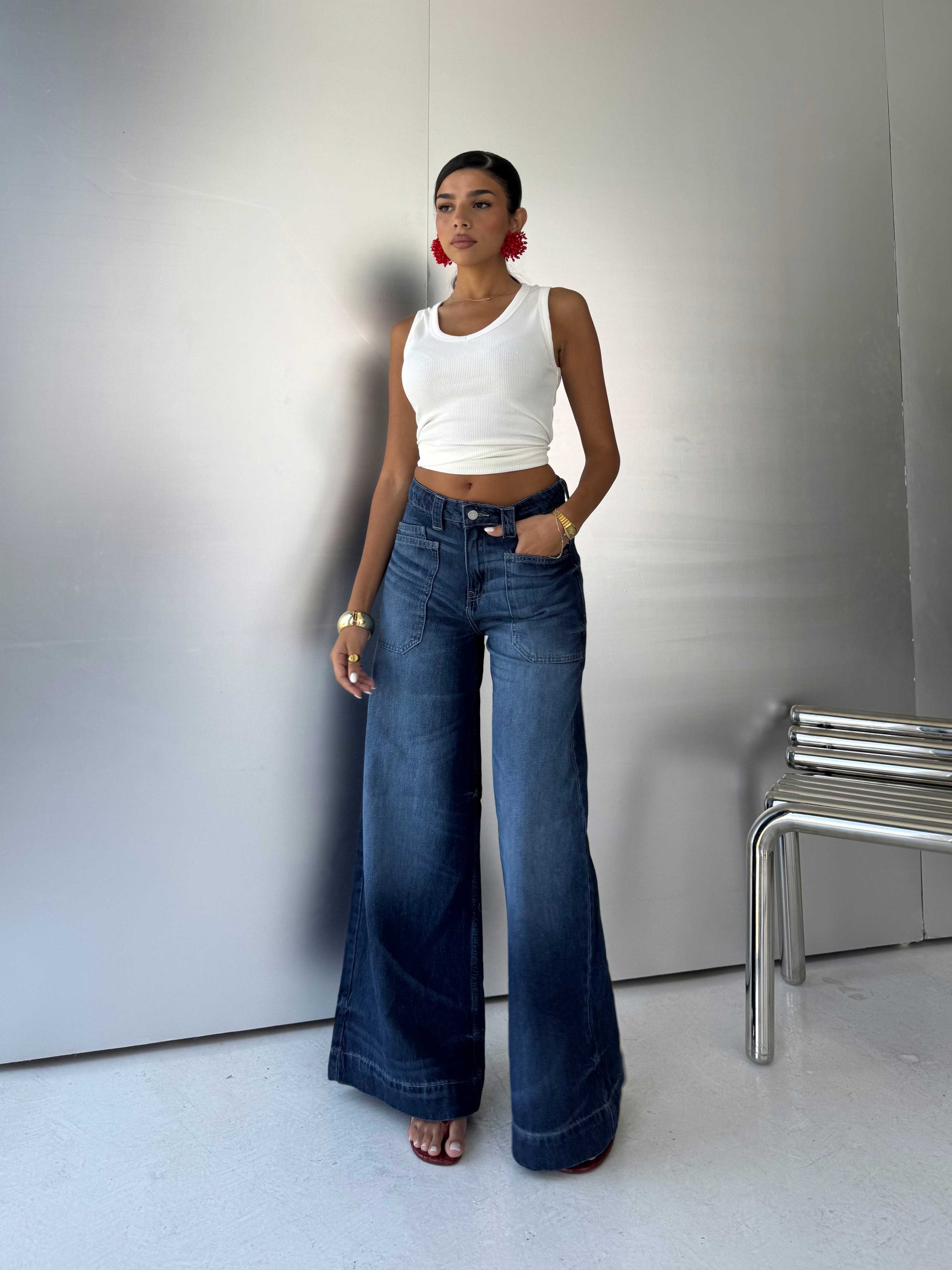 Statement Patch pocket Relaxed Wide leg High waist Ocean blue jeans Wide-Leg CIZARO - Cizaro Jeans