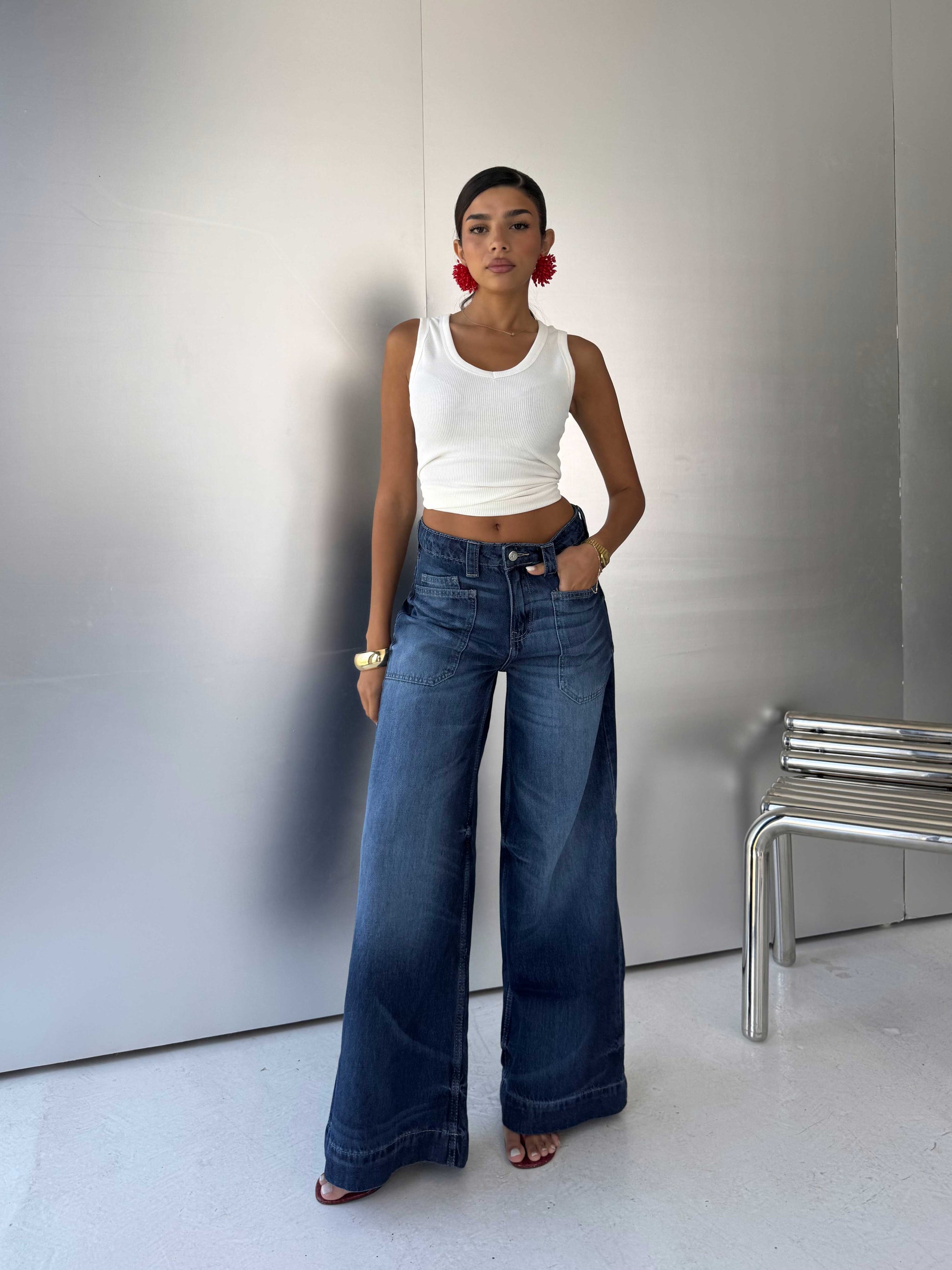 Statement Patch pocket Relaxed Wide leg High waist Ocean blue jeans Wide-Leg CIZARO - Cizaro Jeans