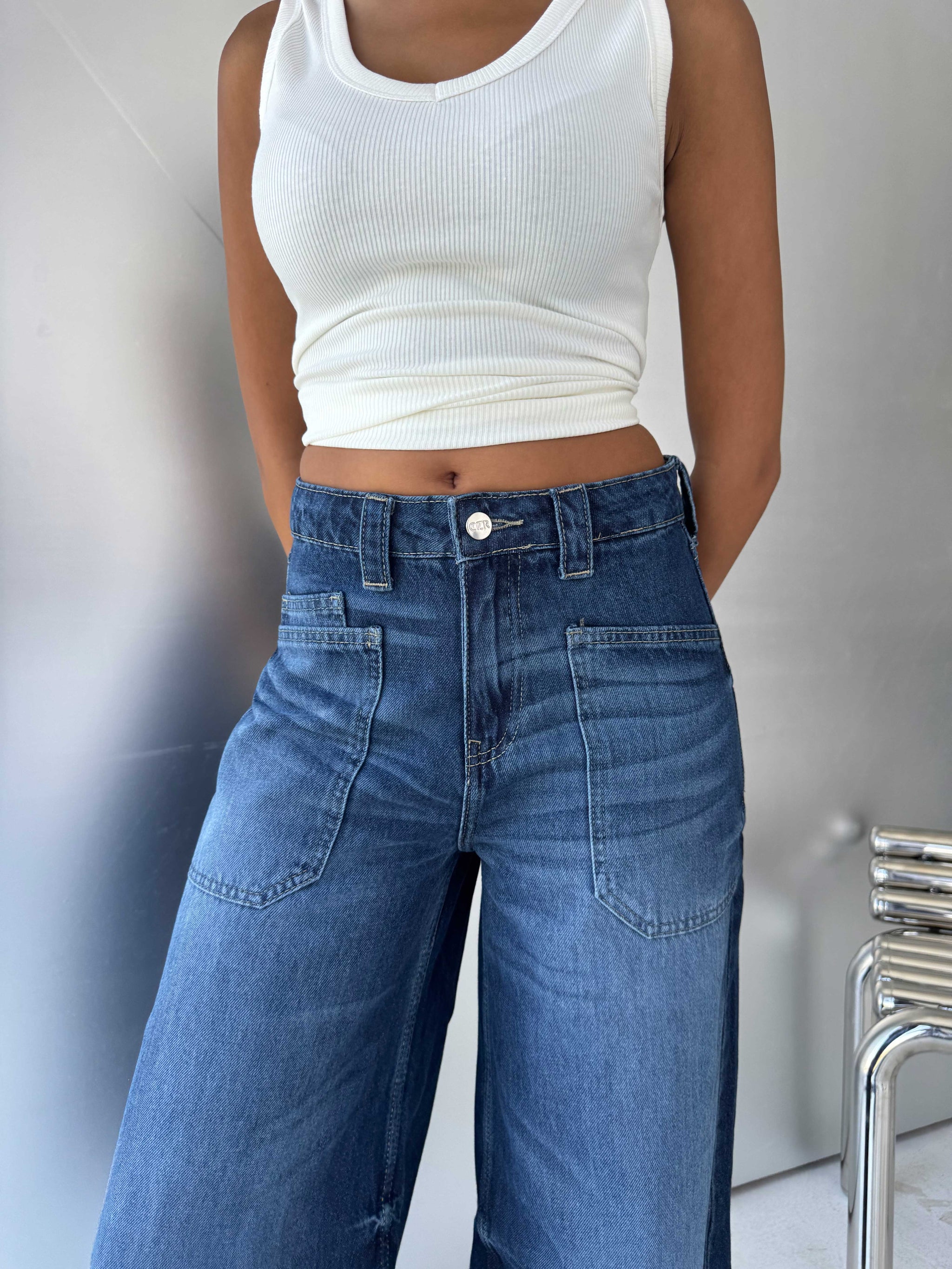 Statement Patch pocket Relaxed Wide leg High waist Ocean blue jeans Wide-Leg CIZARO - Cizaro Jeans