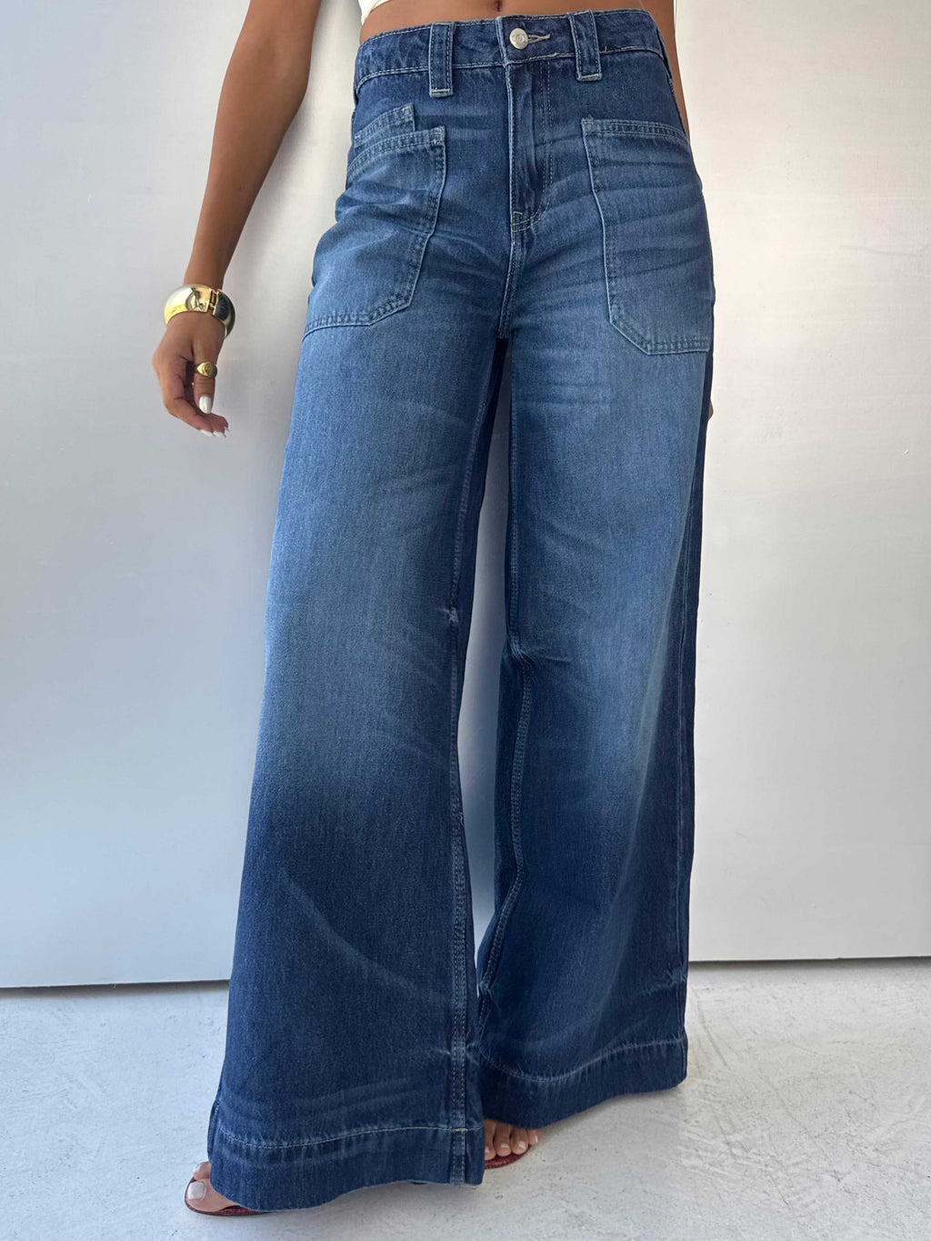 Wide-Leg High-Waist Deep Vintage Blue Cargo Jeans