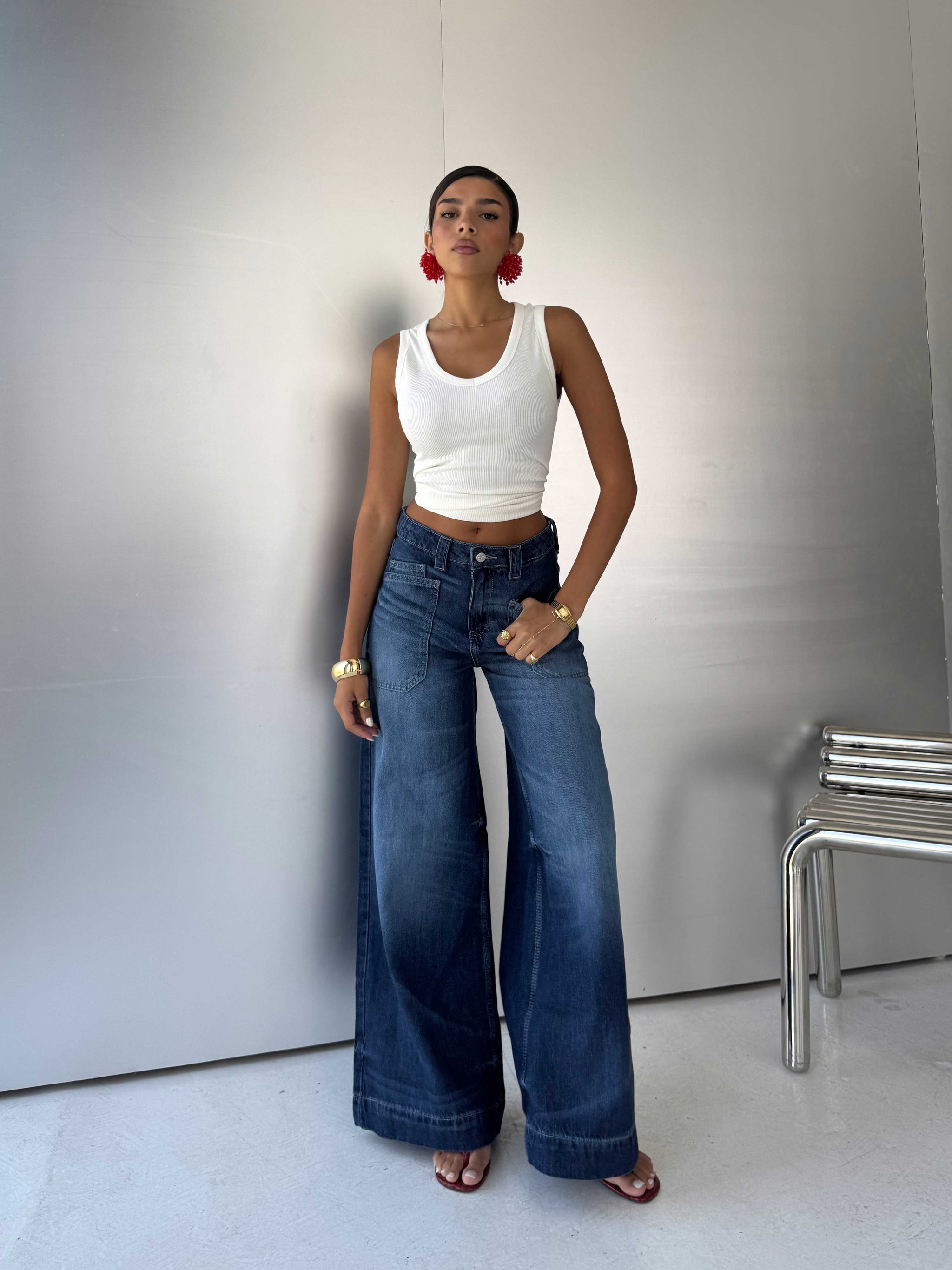 Statement Patch pocket Relaxed Wide leg High waist Ocean blue jeans Wide-Leg CIZARO - Cizaro Jeans